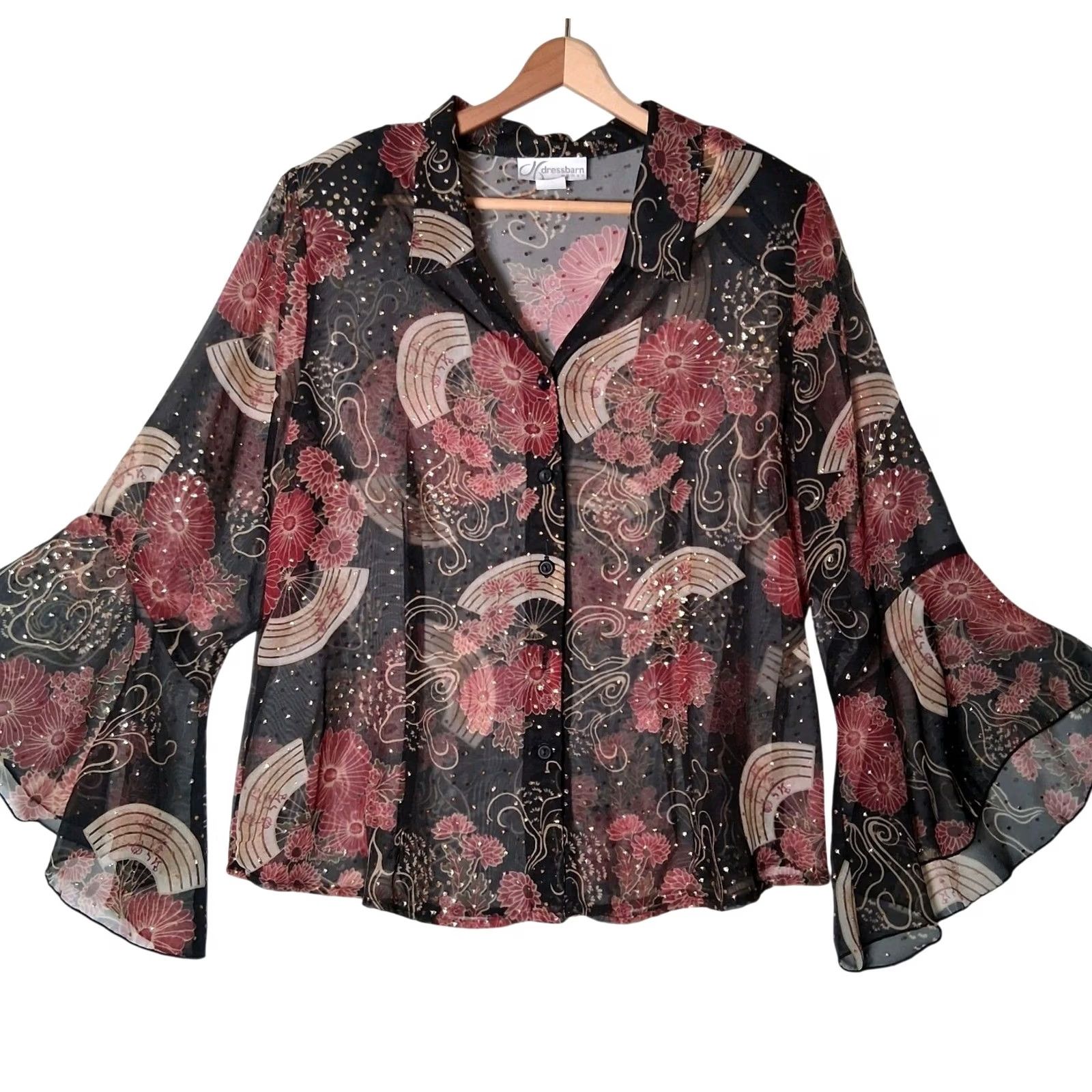 Vintage VINTAGE Dressbarn Blouse Plus Size 18/20 Sheer Black Metallic Gold Floral Bell Sleeve Size XXL / US 16-18 / IT 52-54 - 2 Thumbnail
