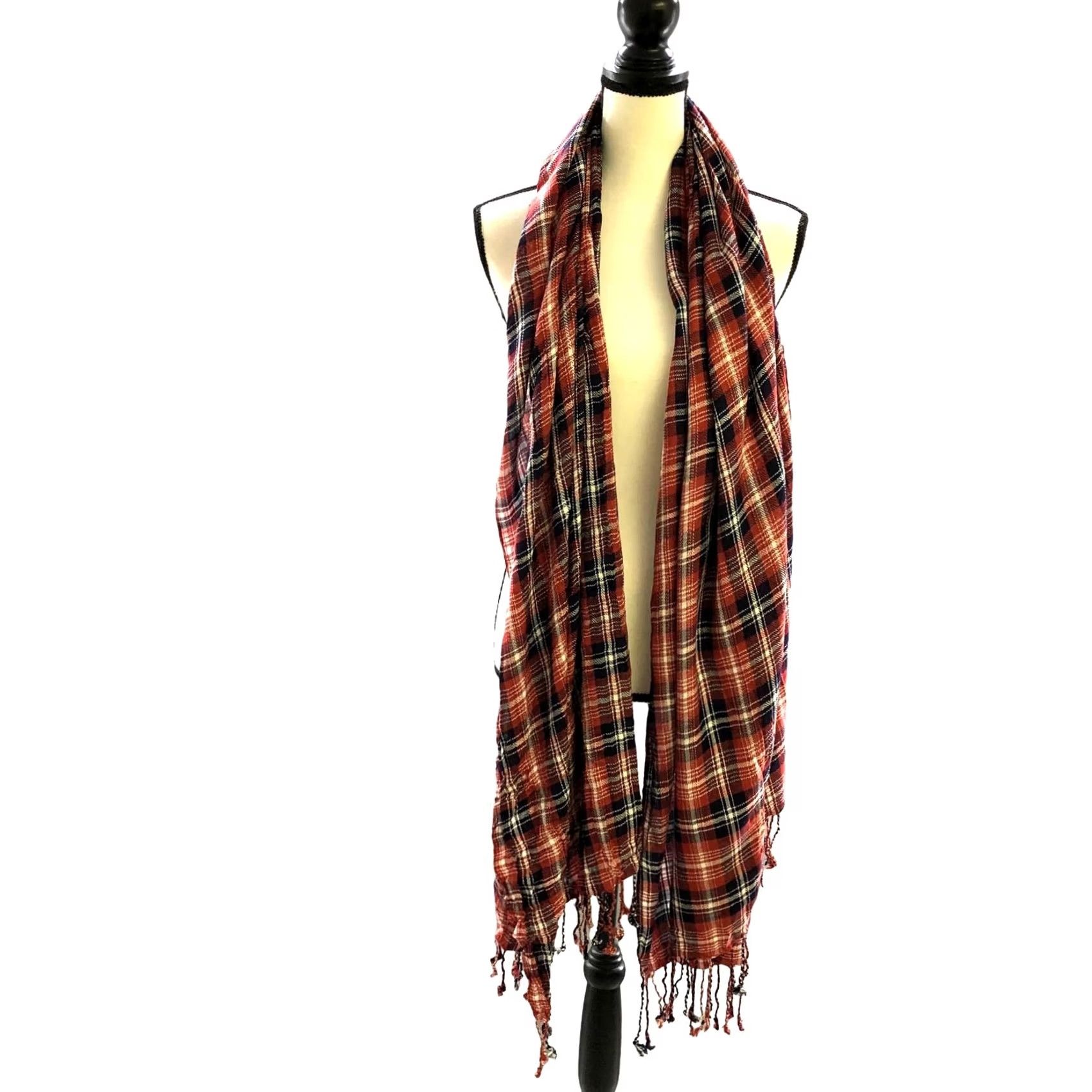 Nordstrom Nordstrom Sole Society Scarf Red Plaid Fringe Lightweight Rayon Shawl Womens Size ONE SIZE - 2 Thumbnail