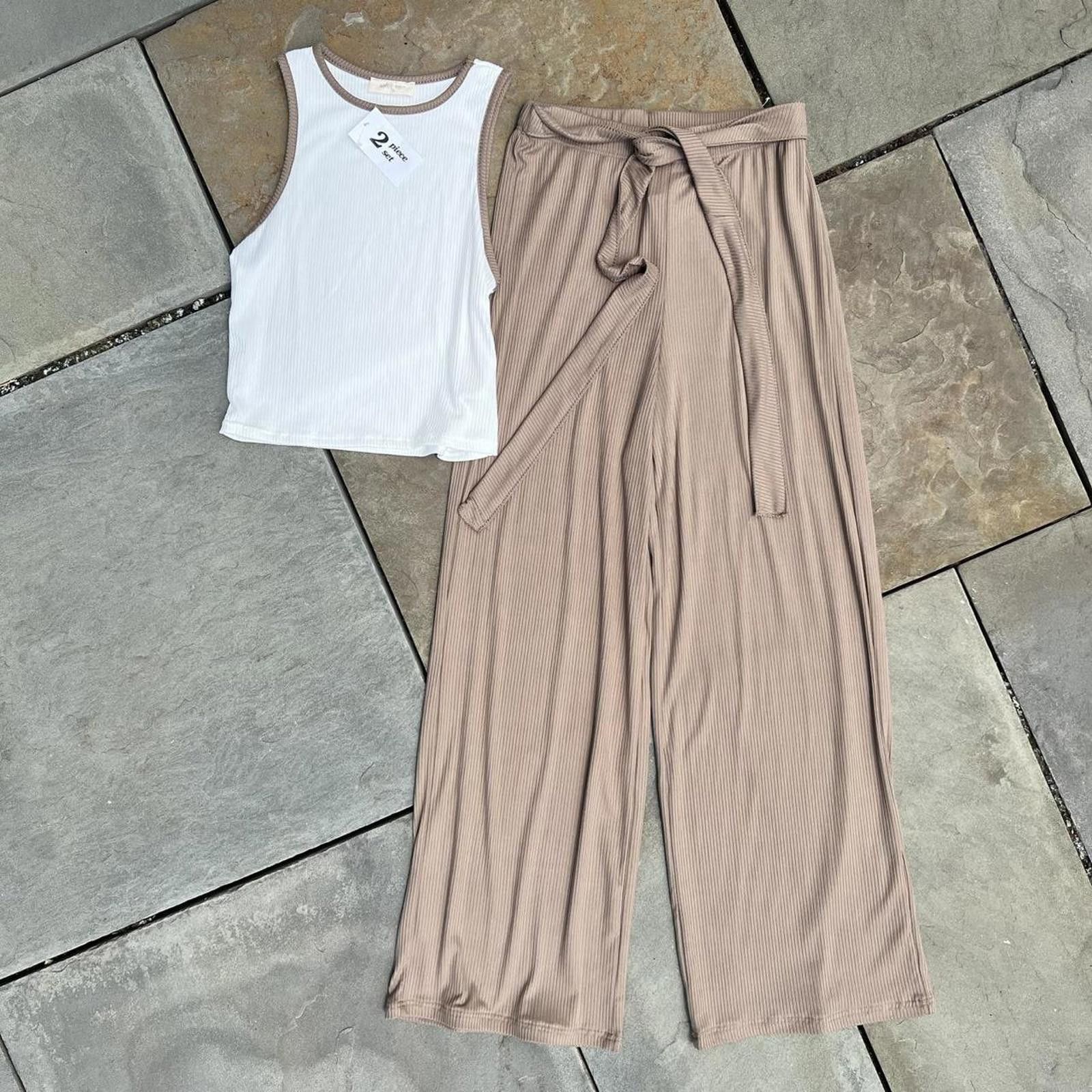 Other NWT 2 Piece White/Brown Tank Top + Flowy Pants Made in USA Size 32" / US 10 / IT 46 - 1 Thumbnail