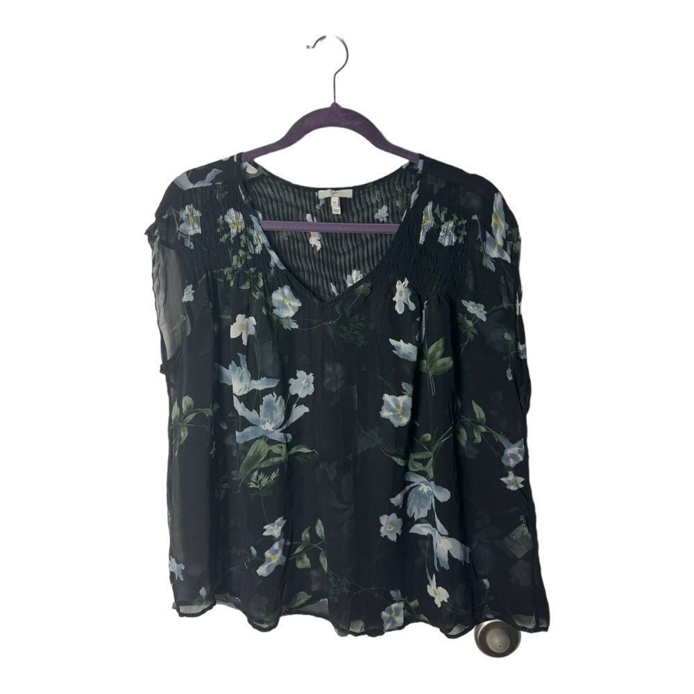 Joie Joie 100% Silk Sheer Floral Blouse Black Peasant Top Size M Size M / US 6-8 / IT 42-44 - 2 Thumbnail