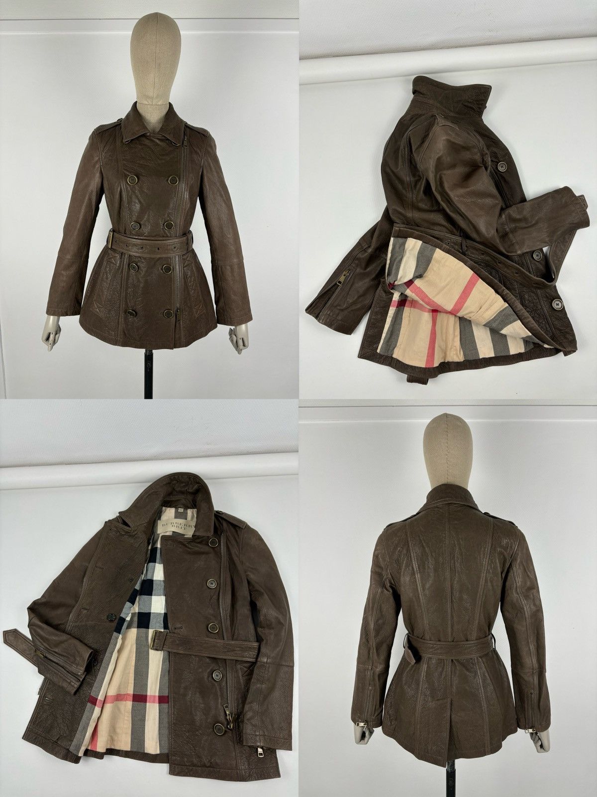 BRIT LAMBSKIN Nova Check Double-Breasted Zip Coat Belt Trench Jacket