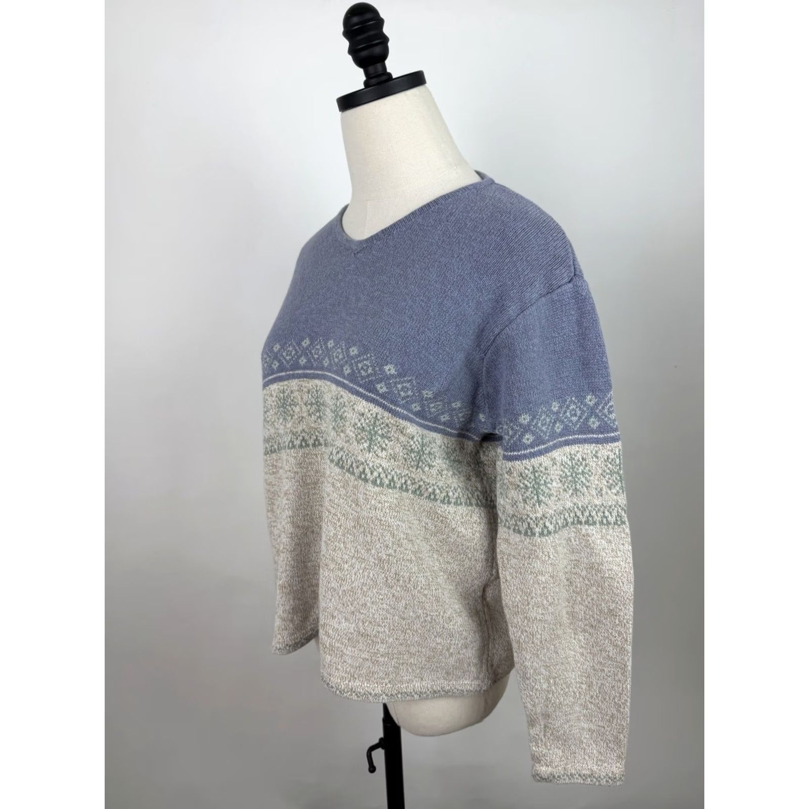Liz Claiborne VINTAGE Liz Claiborne Sweater Woman Petite PM Beige 100% Cotton Knit Fair Isle Pullover Long Sleeve V-Neck Size M / US 6-8 / IT 42-44 - 5 Thumbnail