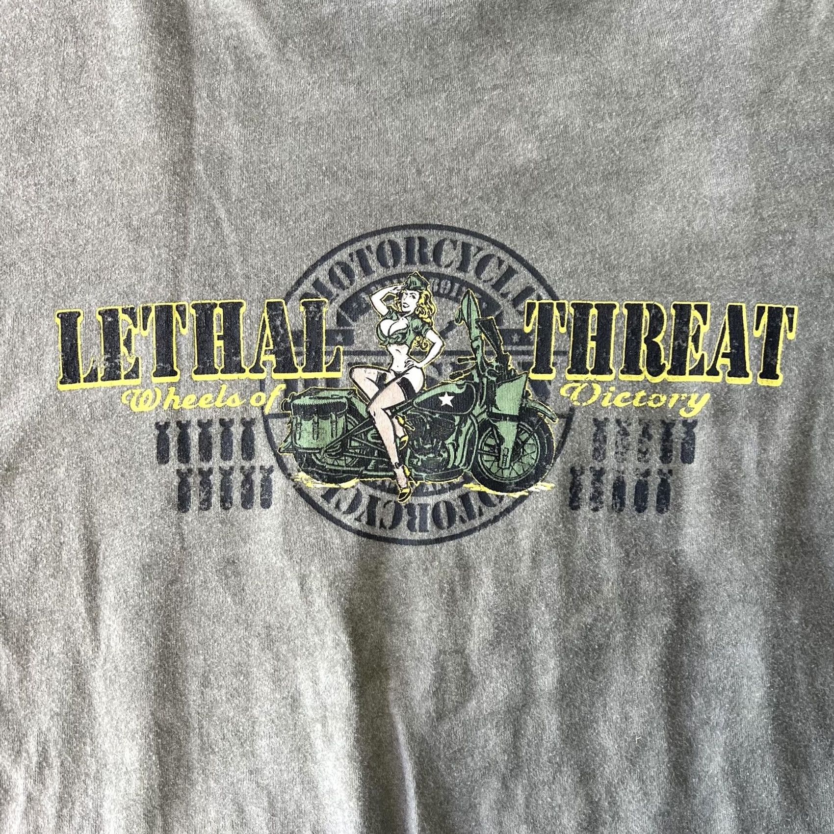 Vintage Lethal Threat Shirt Mens 2XL Gray Wheels of Victory Motorcycle Pin Up Graphic Size US XXL / EU 58 / 5 - 3 Thumbnail