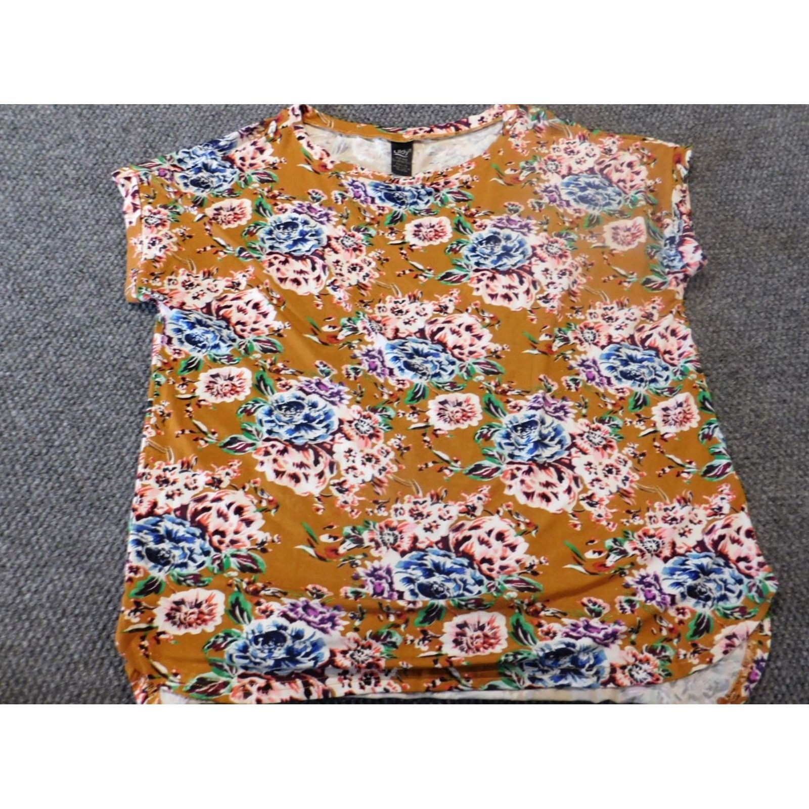 Vintage Lildy Womens Blouse L Orange Floral Stretch Top Crew Neck Short Sleeve Pullover Casual Regular Polyester Rayon Button-Up Vintage No Size L / US 10 / IT 46 - 3 Thumbnail