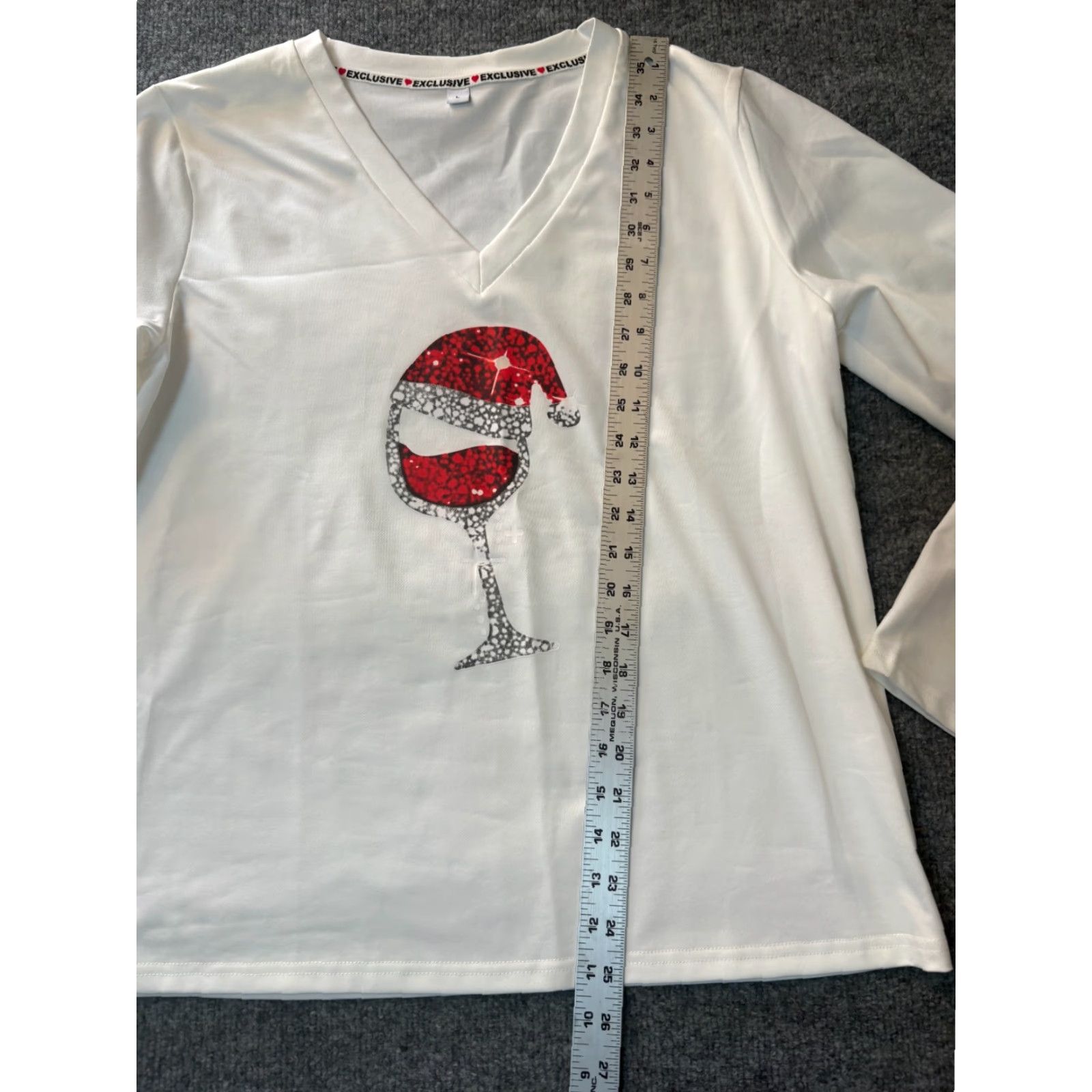 Vintage Exclusive Women's Large Top Christmas Red White Wine Glass V Long Sleeve Blouse Size L / US 10 / IT 46 - 2 Thumbnail