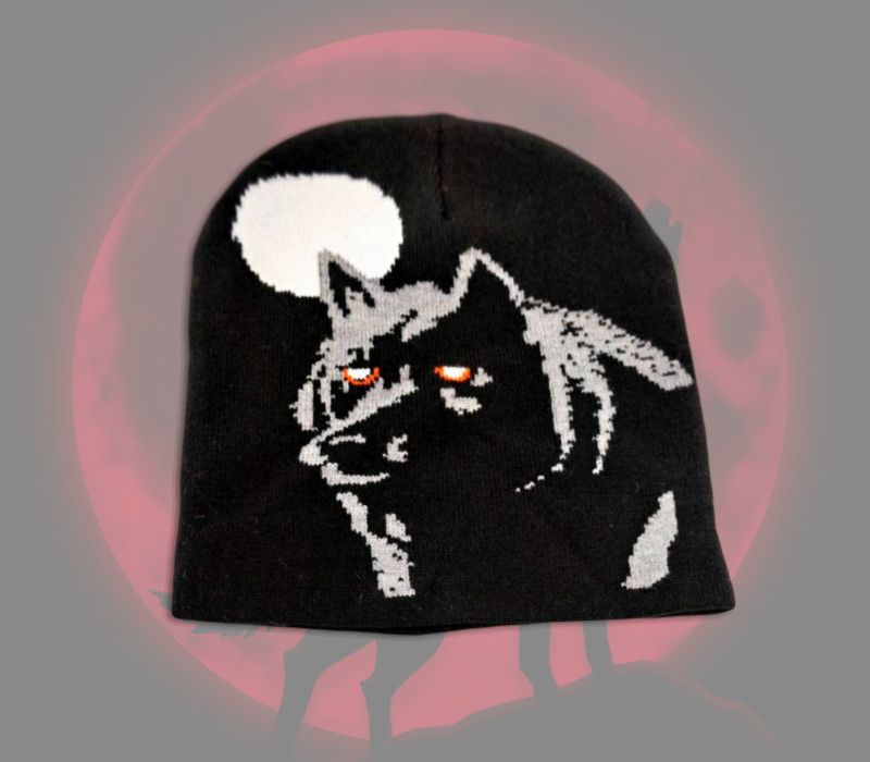 Other Full Moon Wolf Graphic No Cuff Skull Cap Beanie Hat Black Size ONE SIZE - 1 Thumbnail