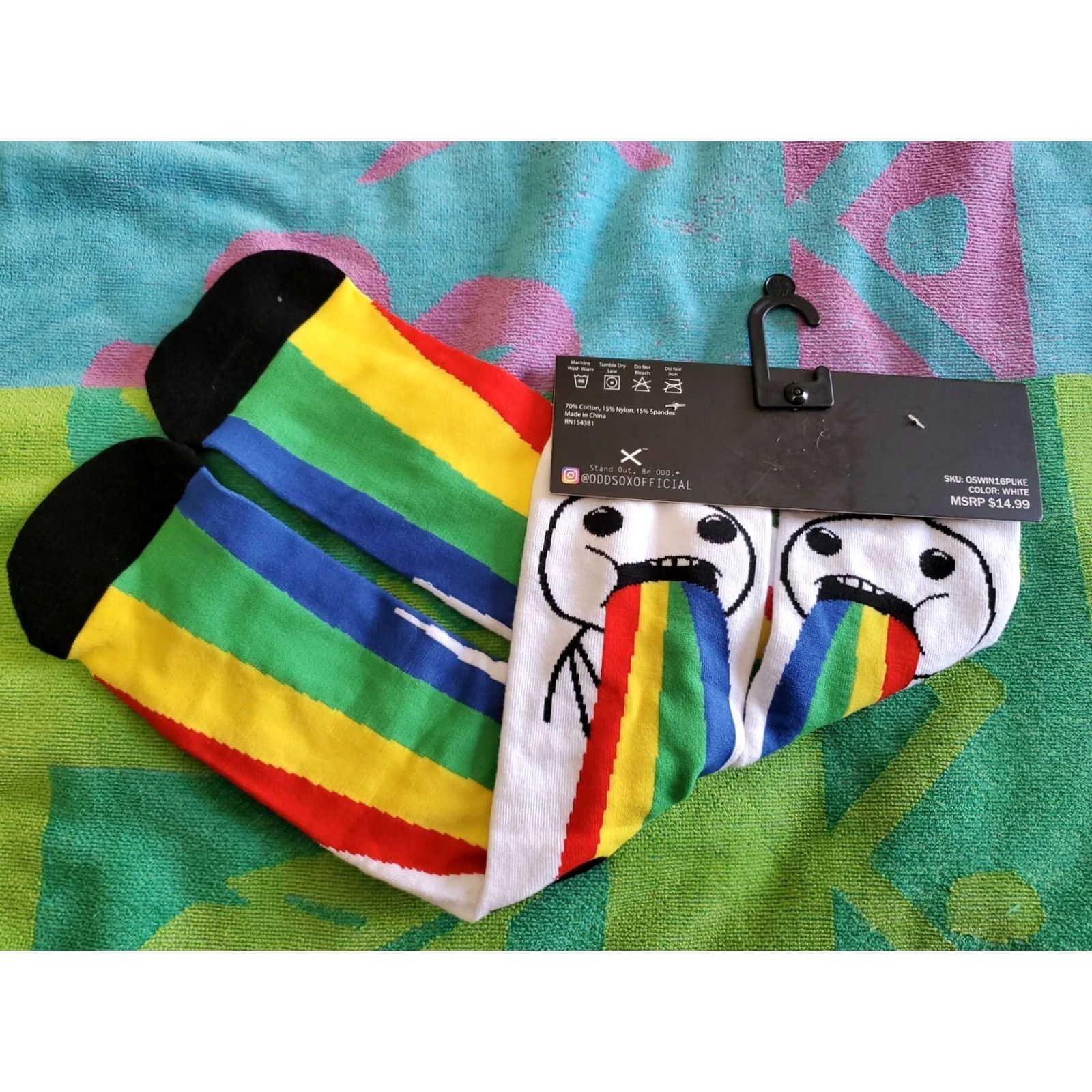 Rainbow ODD SOX Spewing Rainbow Crew Socks Mens 6-13 Multicolor Cotton Blend Be ODD Pattern Puking Rainbow 1 Pair Size ONE SIZE - 5 Thumbnail