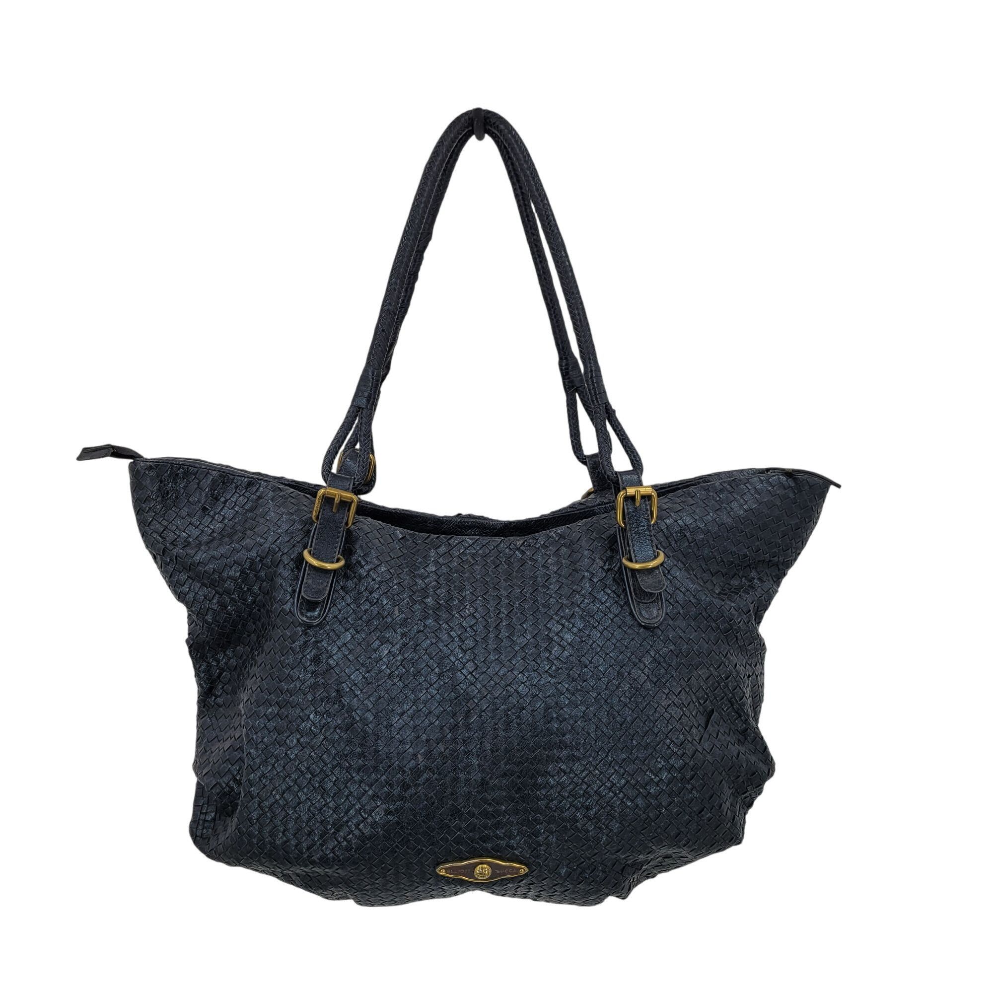 Designer Elliott Lucca Black Basket Woven Leather Shoulder Bag Dual H Size ONE SIZE - 1 Thumbnail