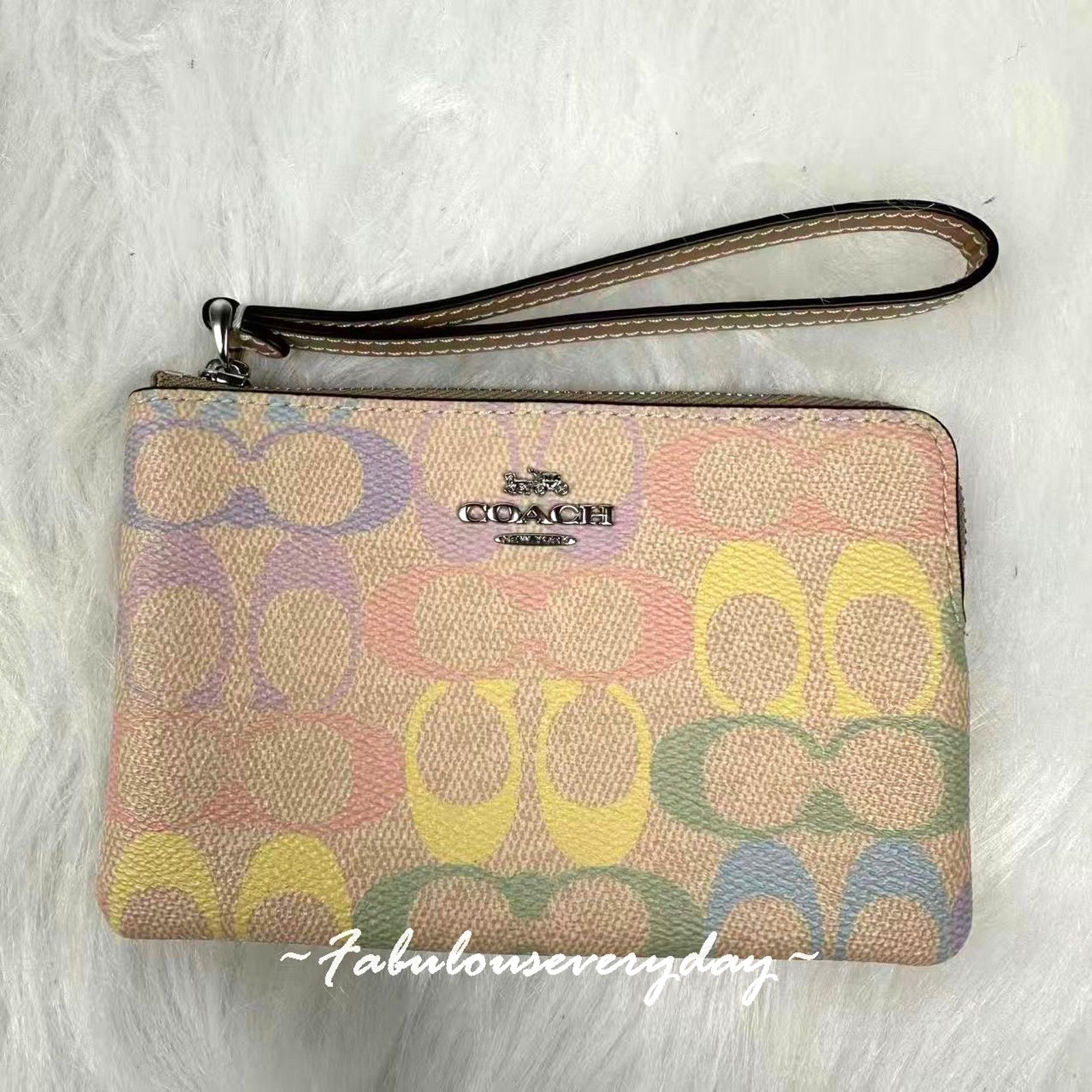 Coach Corner Zip Wristlet Rainbow Signature Canvas/sv/sand, Women's