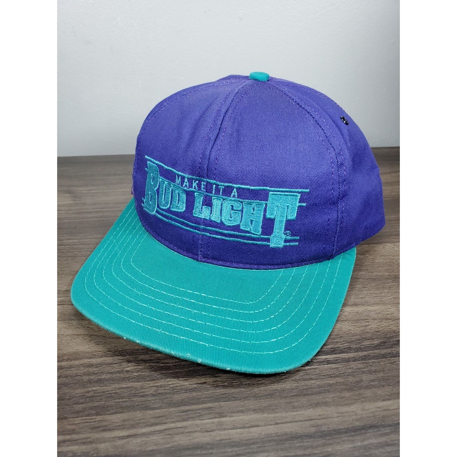 Budweiser × Vintage Make It A Bud Light Snapback Hat Cap Purple Teal USA Beer Ad Size ONE SIZE - 1 Thumbnail