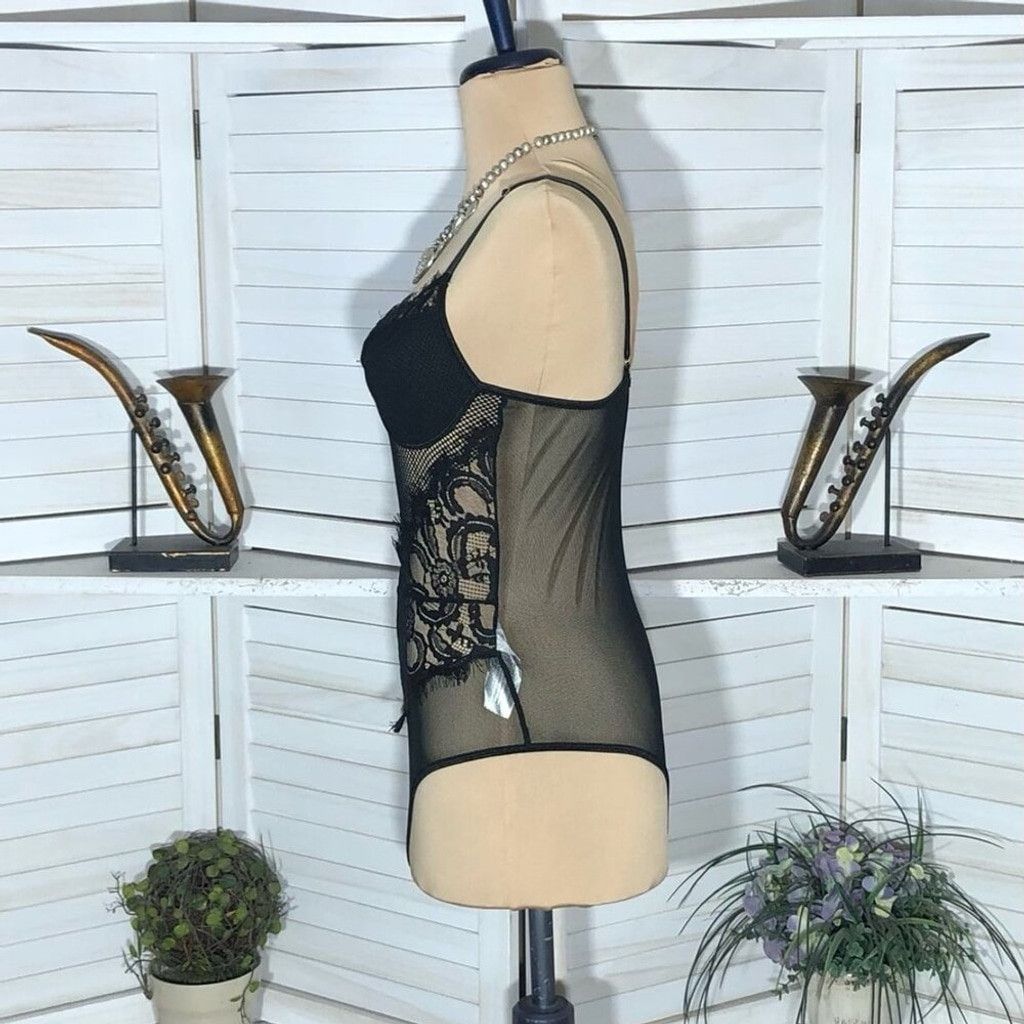 Vintage Y2K Bustier Bodysuit Lace Sheer Mesh Floral Black sz S Size ONE SIZE - 6 Thumbnail