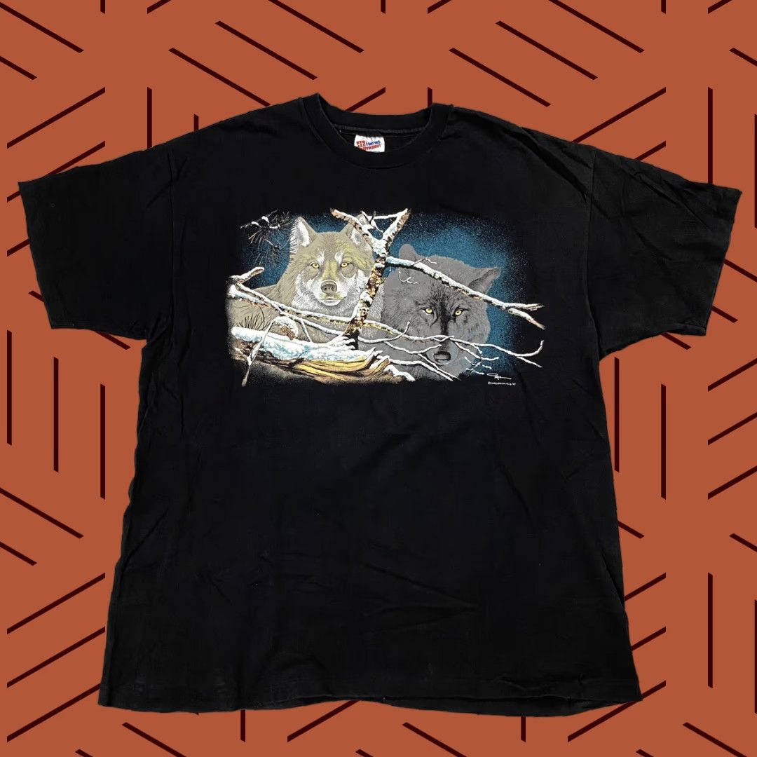 Vintage VTG 1994 WOLF NATURE GRAPHIC ANIMAL T-SHIRT MENS BLACK SINGLE STITCH XL USA RARE HANES HEAVYWEIGHT CREW NECK COTTON POLYESTER SHORT SLEEVE Size US XL / EU 56 / 4 - 1 Thumbnail