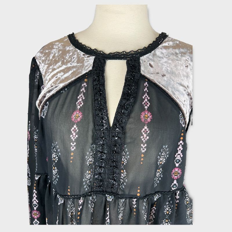 Macys Knox Rose | Boho Velvet Floral Embroidered Peasant Top | M Size M / US 6-8 / IT 42-44 - 5 Thumbnail