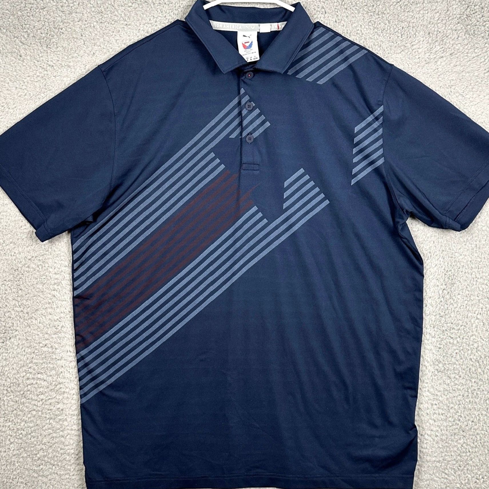 Puma Puma Volition America Mens Large Shirt Golf Polo Navy Blue Striped Polo Athletic Shirt Collared Short Sleeve Performance Polo Menswear Sportswear EUC Size US L / EU 52-54 / 3 - 3 Thumbnail