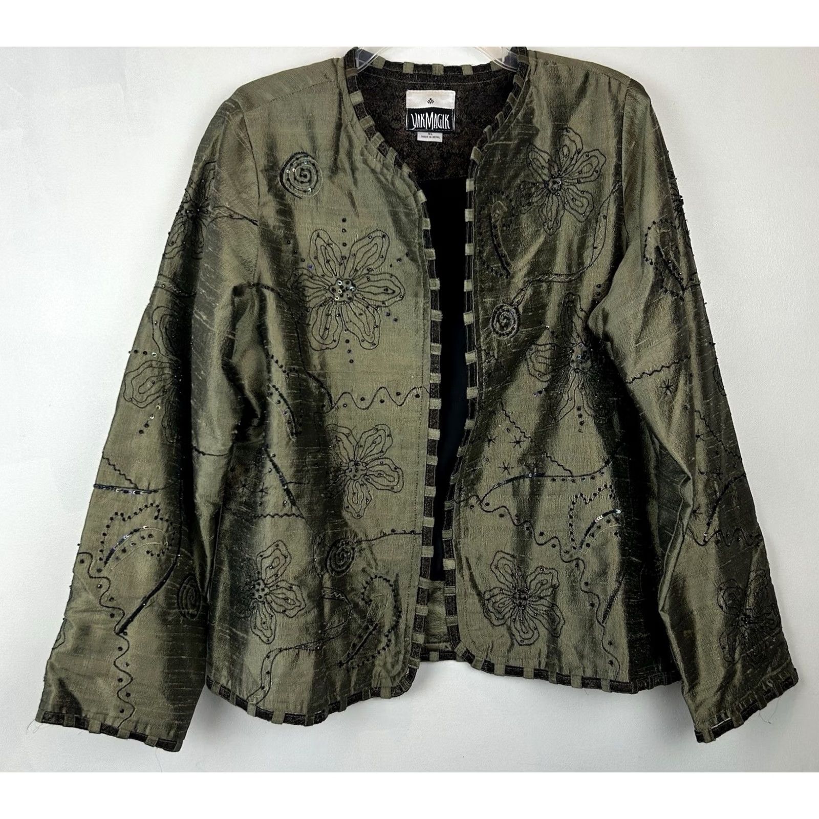 Vintage VINTAGE Yak Magik Blazer Womens L Jacket Silk Green Open Embroidered Beaded Sequin Size L / US 10 / IT 46 - 2 Thumbnail
