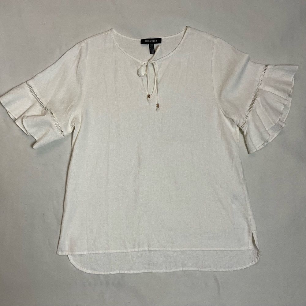 Ellen Tracy NWT New $89 Ellen Tracy Tie Neck Linen Blend White Top Size Size M / US 6-8 / IT 42-44 - 6 Thumbnail