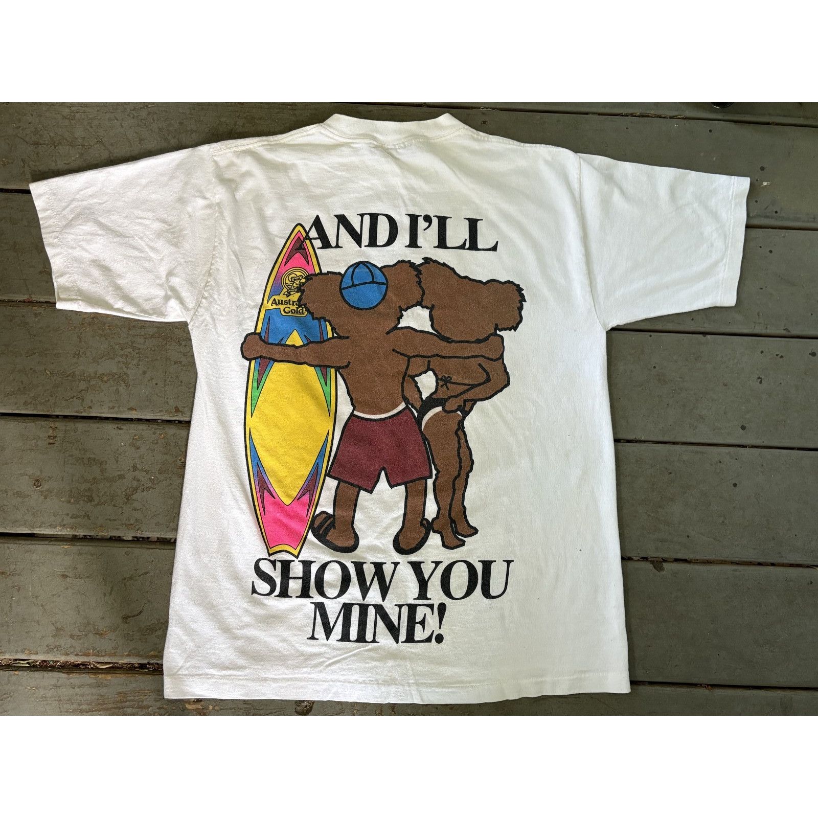 Fruit Of The Loom vtg 90s AUSSIE GOLD TANNING LOTION DOUBLE-SIDED T-Shirt 90s Size US L / EU 52-54 / 3 - 2 Thumbnail