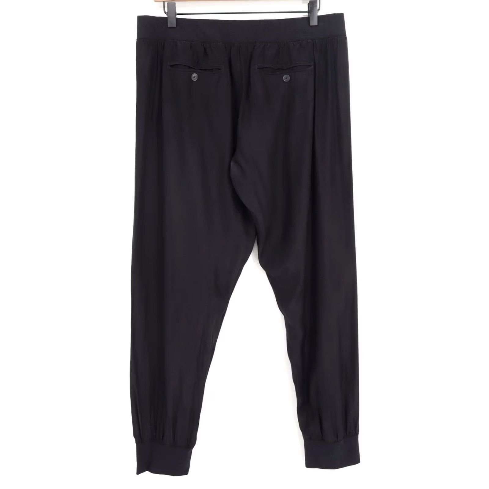 Vintage ATM Women's Silk Joggers Black L - Satin Pleated, Elastic Waist, Pockets, 28" Inseam, Tapered Leg, 100% Silk, Dry Clean Only, Vintage: No Size 36" / US 14 / IT 50 - 2 Thumbnail