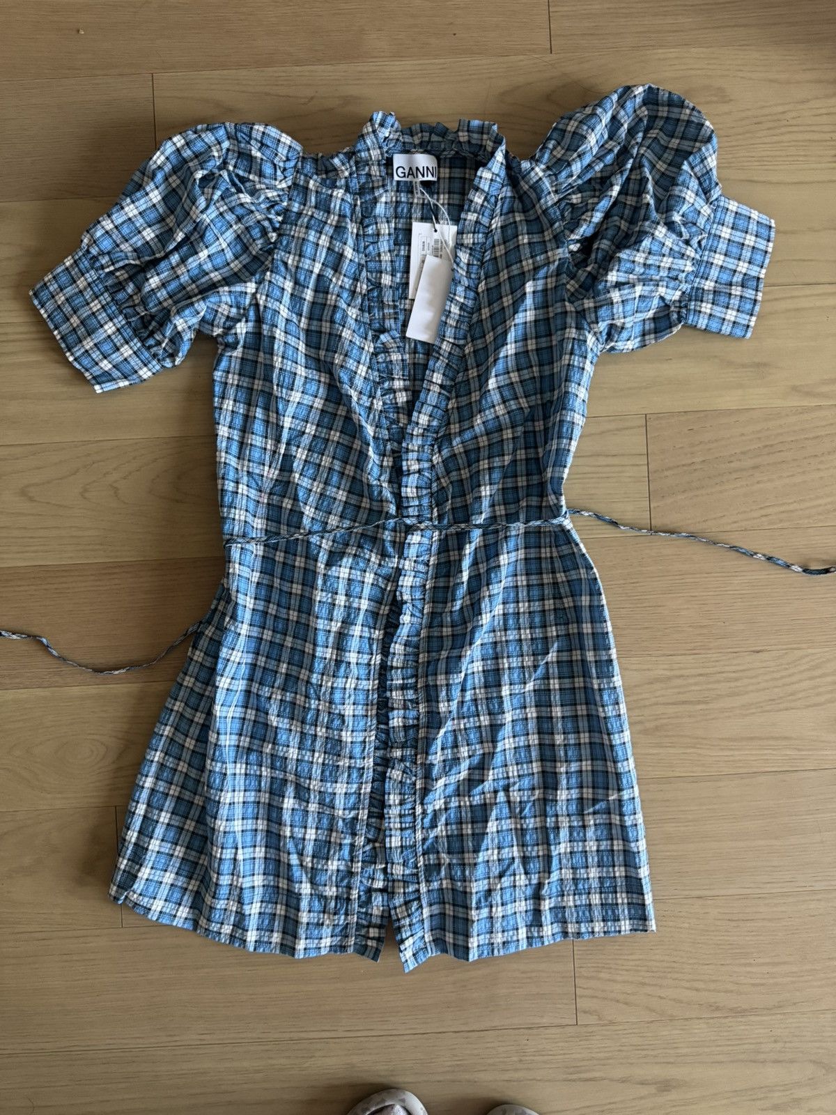 Ganni Ganni Seersucker Check Wrap Mini Dress in Azure Blue Size XS / US 0-2 / IT 36-38 - 8 Thumbnail