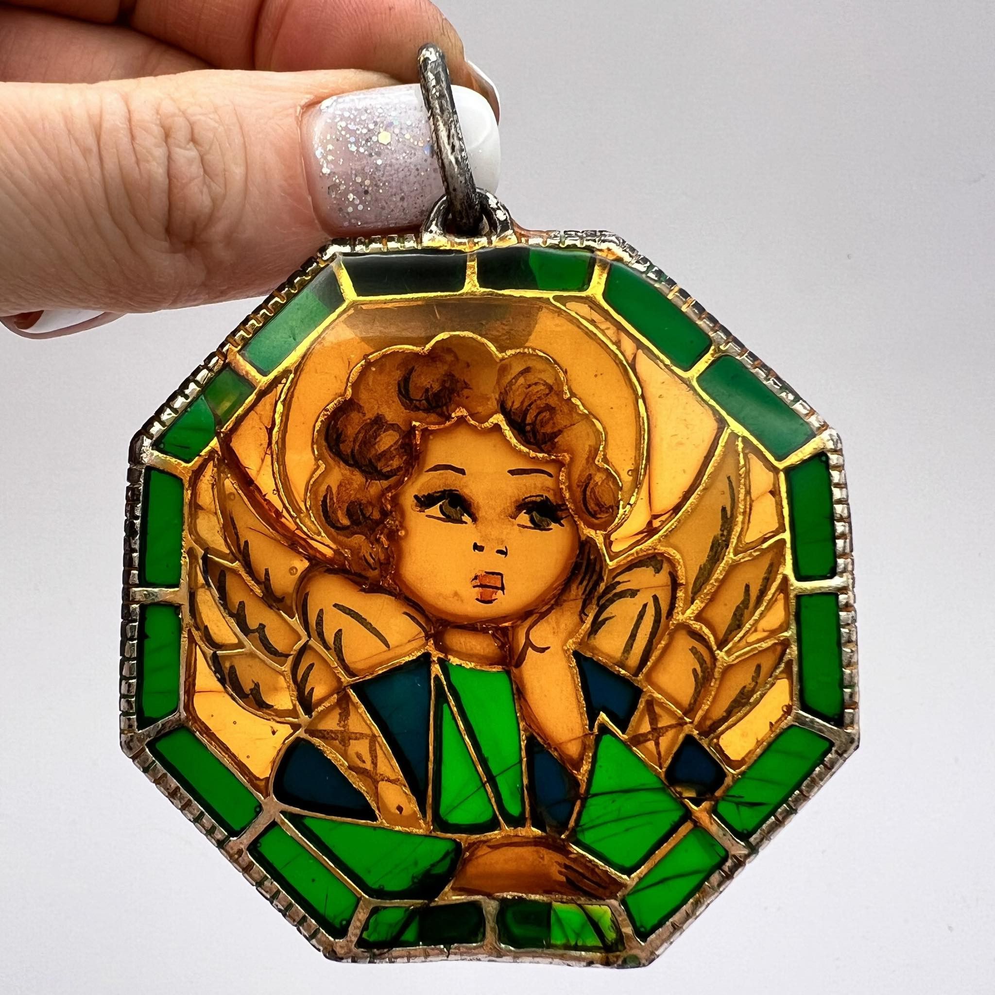 Vintage Vintage Silver Pendant Angel Stained Glass Enamel Crealon Size ONE SIZE - 1 Thumbnail