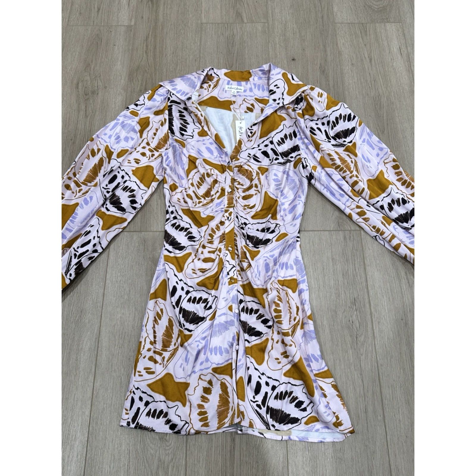 For Love & Lemons For Love & Lemons M Esmeralda Mini Dress Butterfly Ruched Long Sleeve V-Neck Satin Multicolor Floral Dress Short Women M Size M / US 6-8 / IT 42-44 - 3 Thumbnail