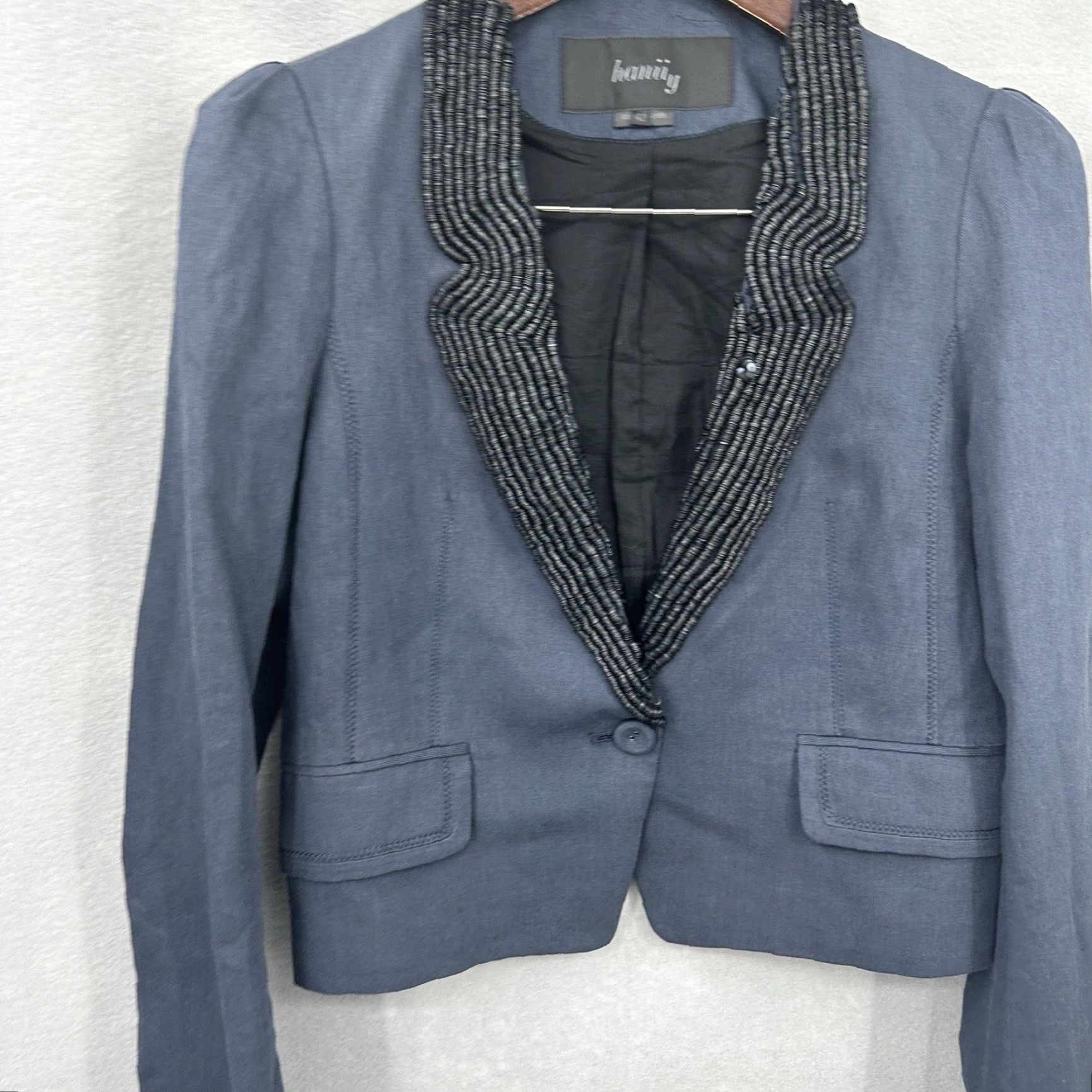 Vintage Hanii Y Jacket Womens 42 M Blue Linen Blend Embellished Quiet Luxury Bohemian Classic 90s Event Designer Mens Womens Girls Boys? Size M / US 6-8 / IT 42-44 - 4 Thumbnail