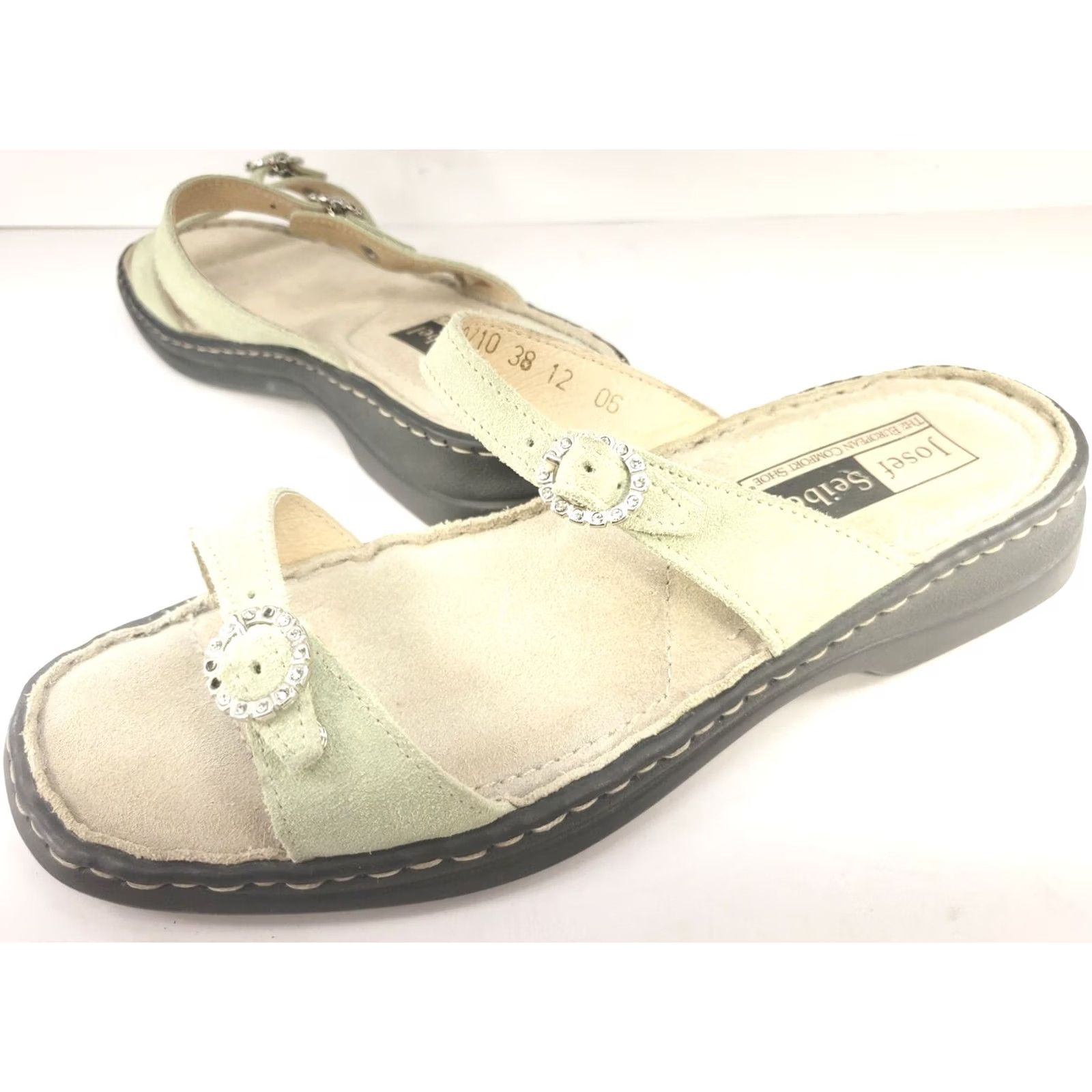 Vintage Josef Seibel Slide Sandals Womens 7.5 Mint Green Suede Buckle Strap Casual Wedding Party Travel Style Size US 8 / IT 38 - 2 Thumbnail