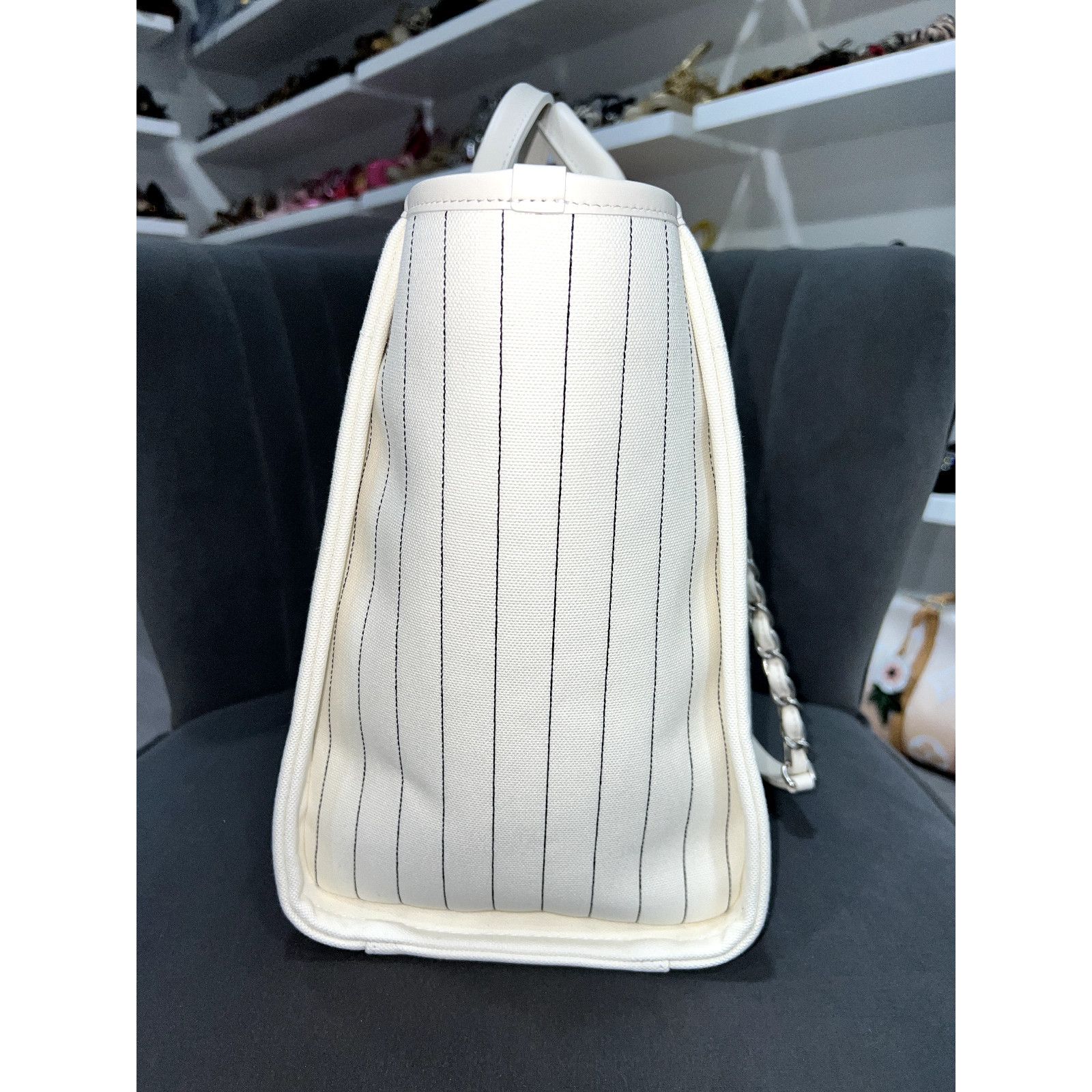 Chanel Chanel Deauville Ecru Stripe Large Shopping 30cm Tote Bag Size ONE SIZE - 7 Thumbnail