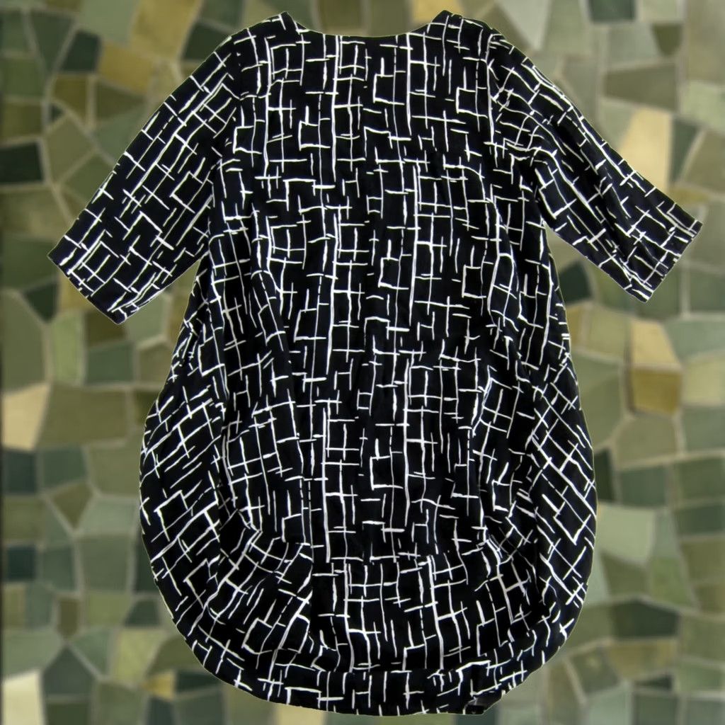 Vintage IZZY Style Black White Geometrical 3/4 Sleeve Pocket Tunic Smock Midi Dress M Size M / US 6-8 / IT 42-44 - 1 Thumbnail