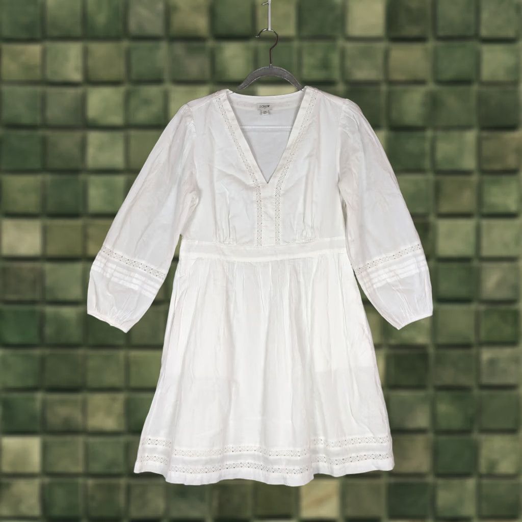 J.Crew J.CREW White Dress XS Long Puff Sleeve Crochet V-Neck A-Line Beach Cottagecore Lightweight 100% Cotton Size XS / US 0-2 / IT 36-38 - 1 Thumbnail