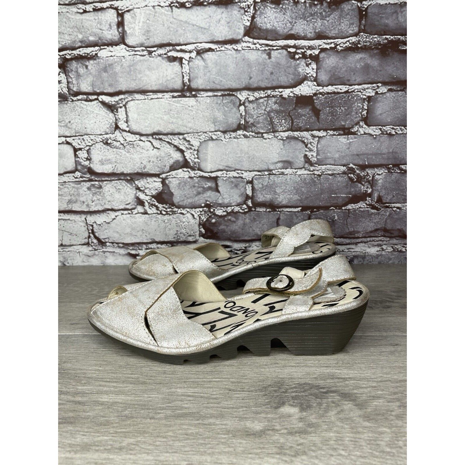 Fly London FLY London Pero Silver Metallic Crackled Peep Toe Wedge Sand Size US 9.5 / IT 39.5 - 1 Thumbnail