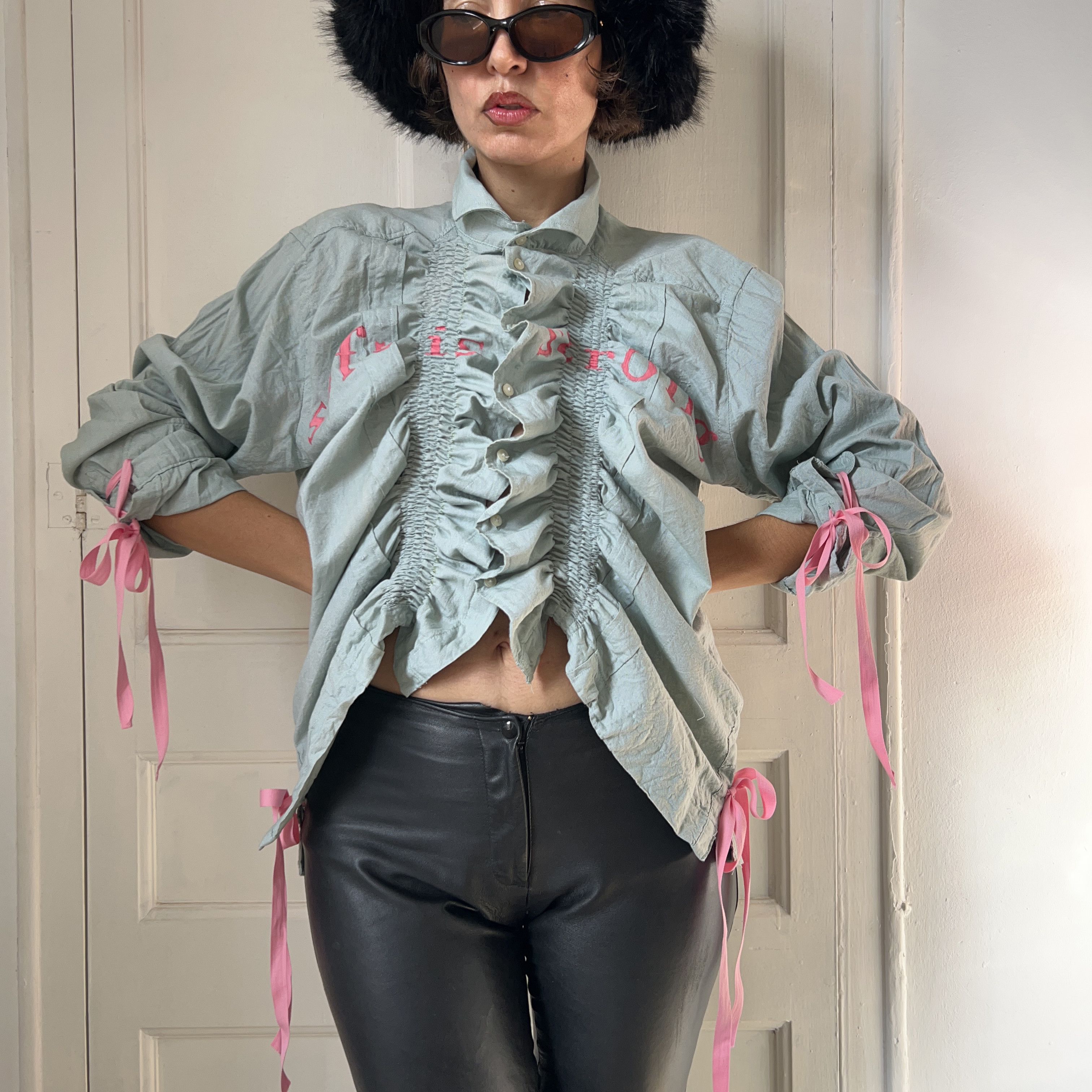 Custommade Reworked Vintage Ruffle Gren Shirt with Tied Cuffs Size XL / US 12-14 / IT 48-50 - 8 Thumbnail
