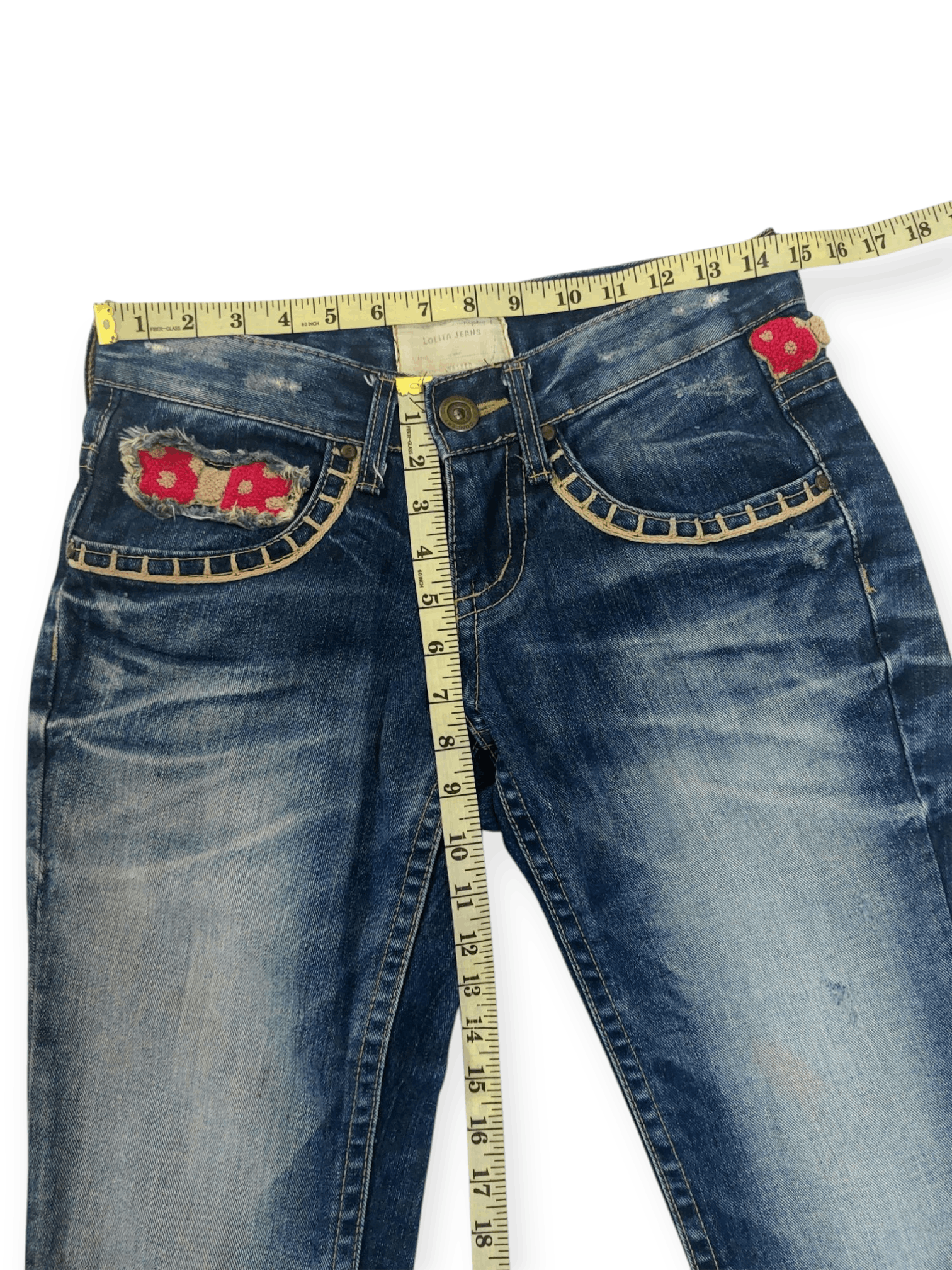 Vintage Lolita Jeans Embroidered Ribbon Mushroom Denim Size 29" - 24 Thumbnail