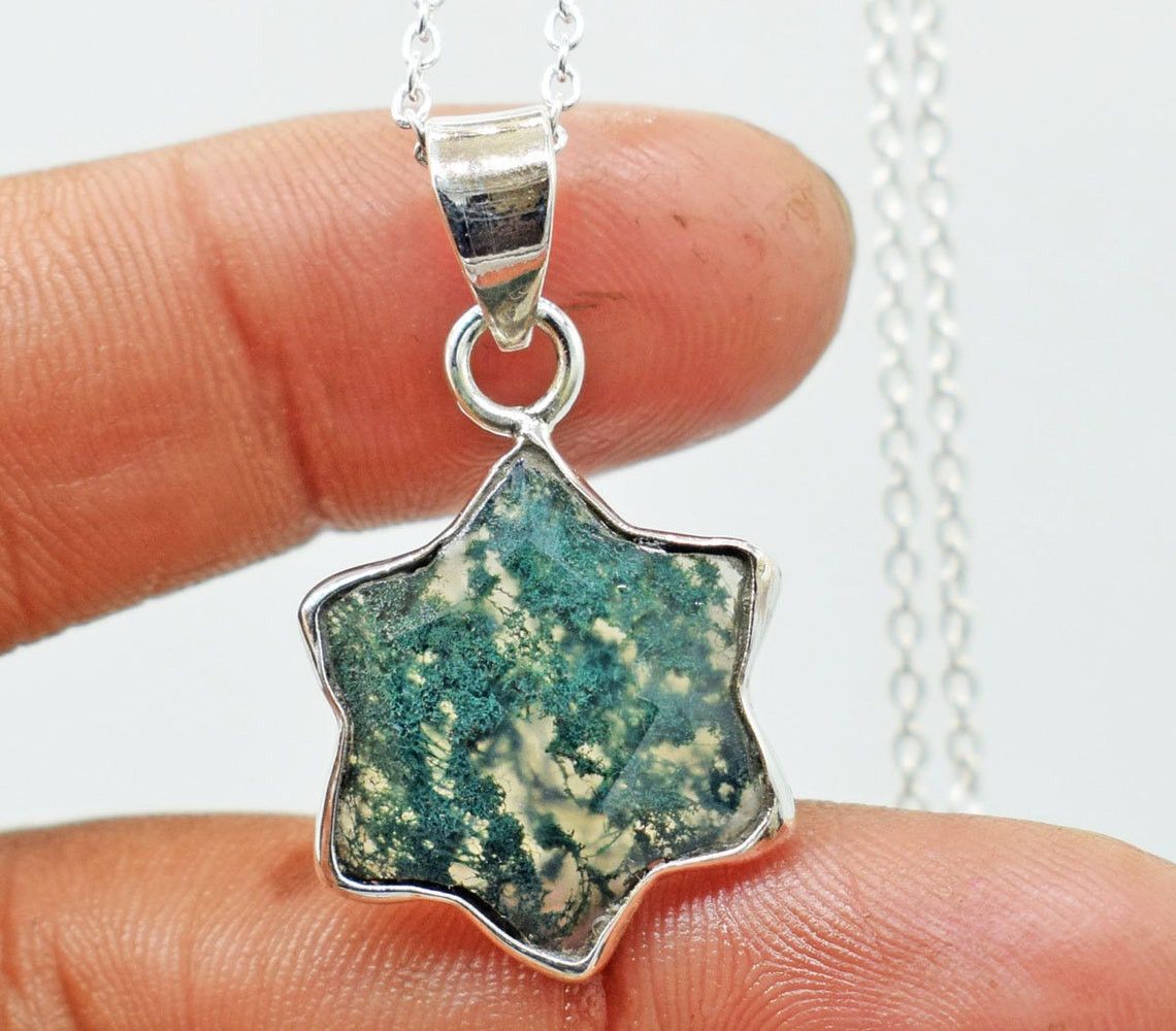 Handmade Star Moss Agate 925 Sterling Silver Necklace - 18 Inch Size ONE SIZE - 3 Thumbnail