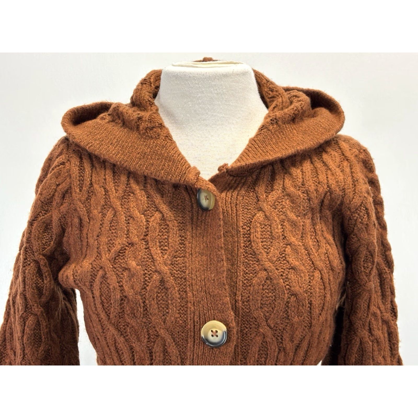 Anthropologie VINTAGE Anthropologie Cable-Knit Cardigan Sweater XS Orange Hooded Duster Fisherman Womens Size XS / US 0-2 / IT 36-38 - 5 Thumbnail