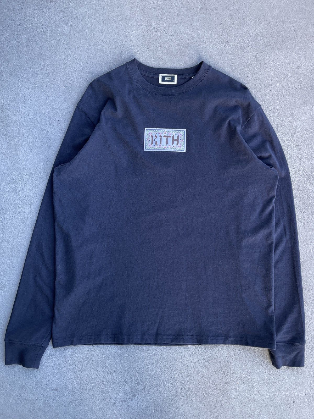 image of 2022 Kith Ornamental Hebrew Box Logo Long sleeve Tee (M) in Nocturnal, Men's (Size Medium)
