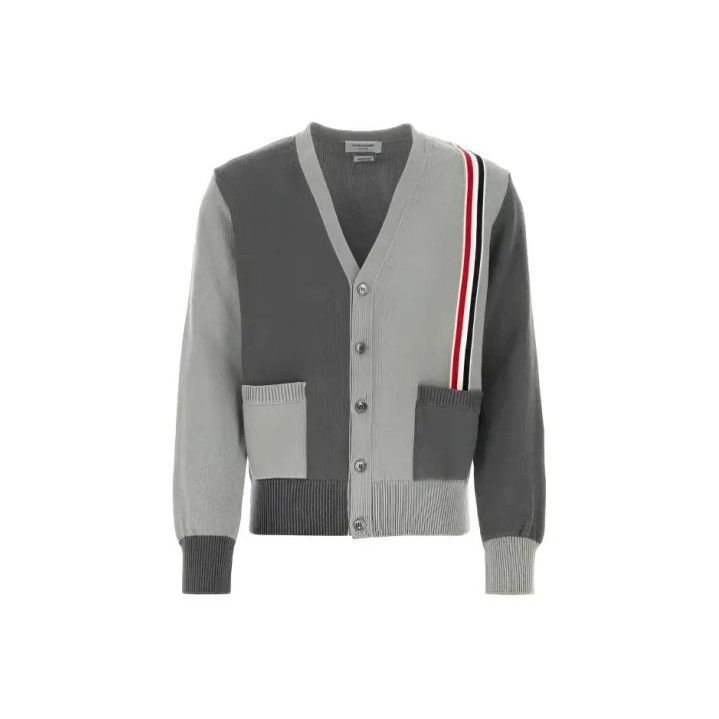 Thom Browne Gray Striped V-Neck Long Sleeve Knitwear