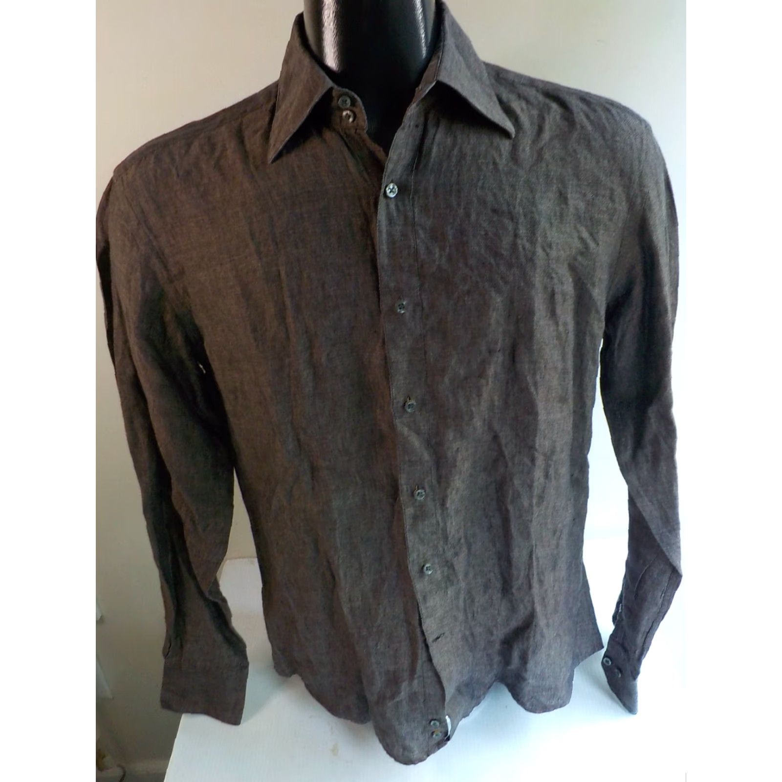Vintage SOCI3TY LS Button Front Shirt Brown Linen 40 Mens Long Sleeve Solid Collared Button-Up 100% Linen Signed Buttons Size US L / EU 52-54 / 3 - 2 Thumbnail
