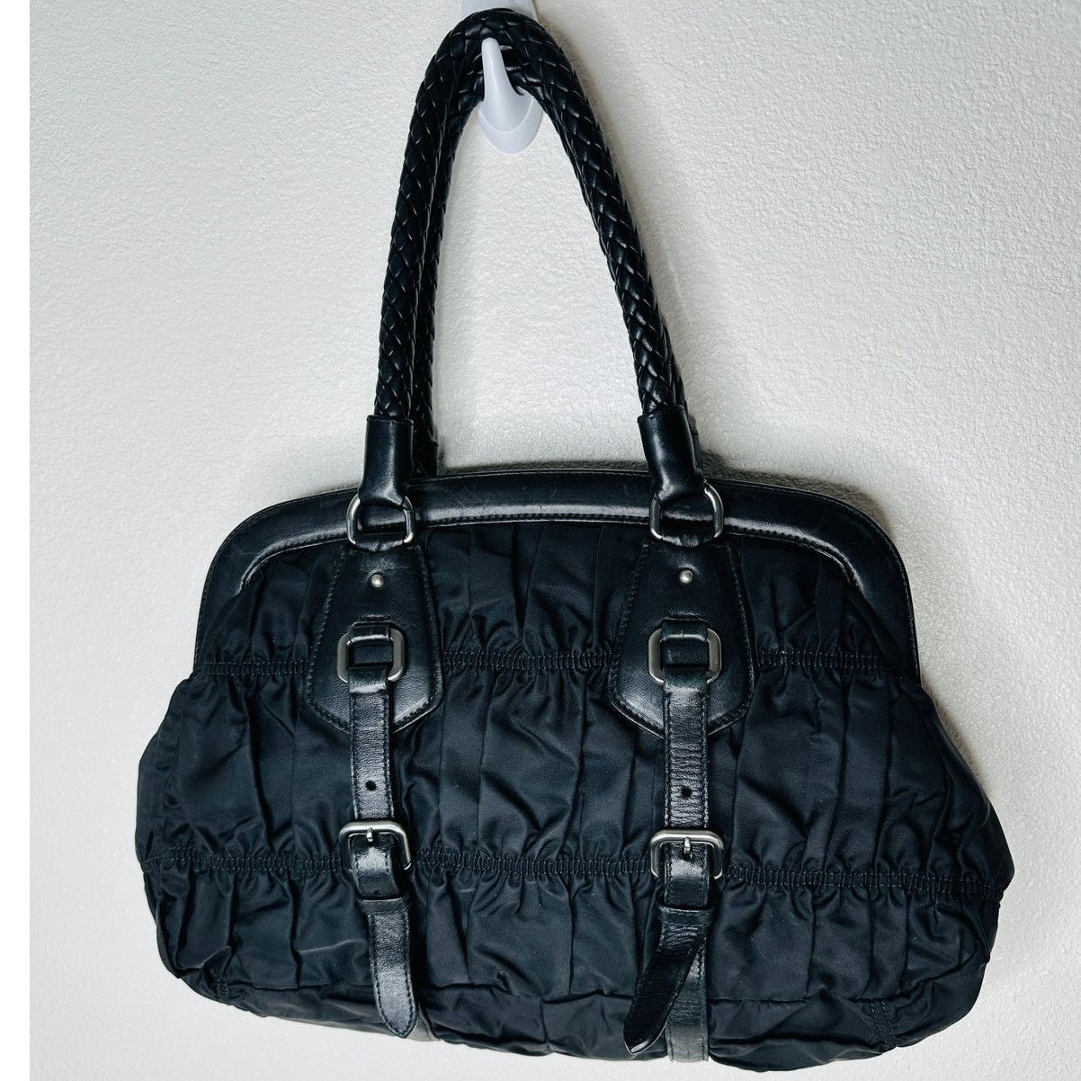 Prada Prada Vintage 90s Black Nylon Leather Buckle Braided Handle Size ONE SIZE - 5 Thumbnail