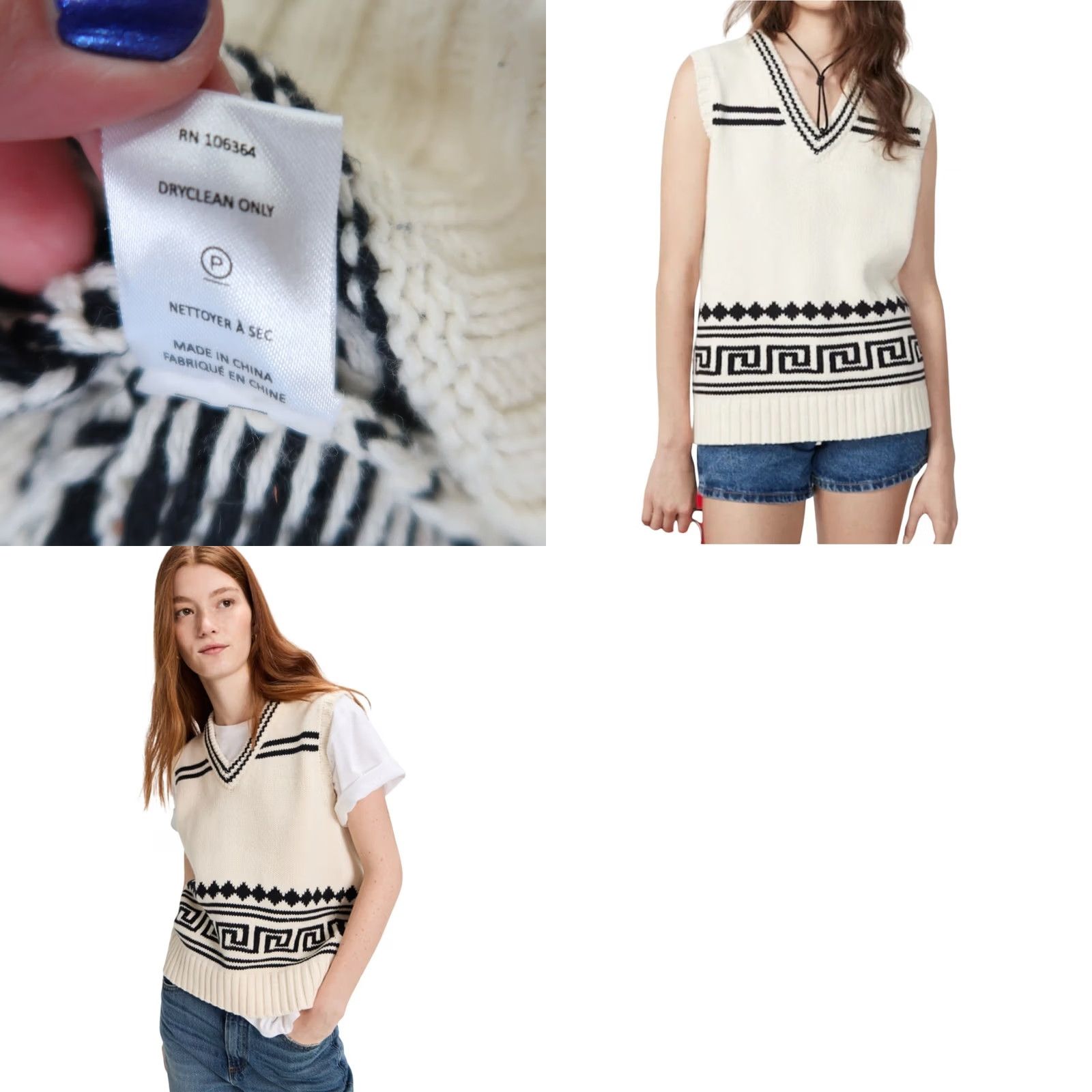 KULE Kule Dakota Intarsia Sweater Vest Cream Black S Vest Women V-Neck Geometric Knit Cotton Nylon Wool Sleeveless Casual Fall Winter Spring Mens Womens? Size S / US 4 / IT 40 - 8 Thumbnail