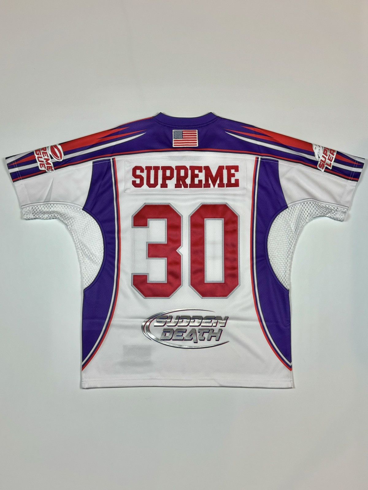 image of Supreme Sudden Death Football Jersey (White/purple) Small, Men's