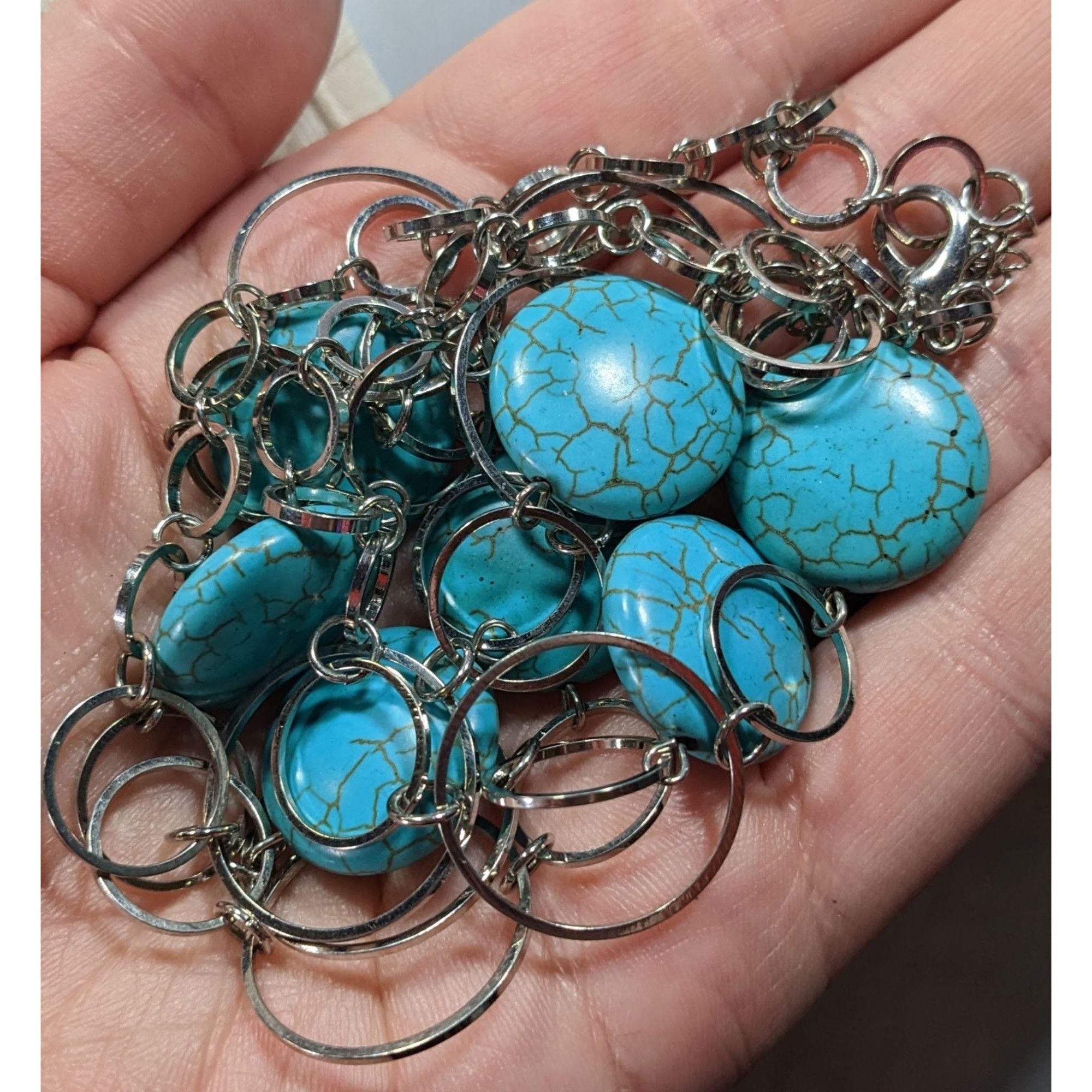 Other Bohemian Faux Turquoise Silver Tone Ring Chain Necklace Size ONE SIZE - 3 Thumbnail