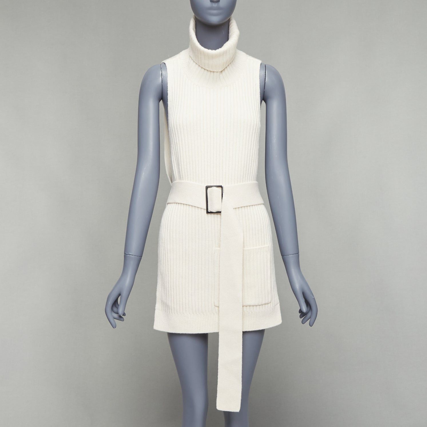 TIBI 100% merino wool cream ribbed belted side cut out funnel collar vest XS
