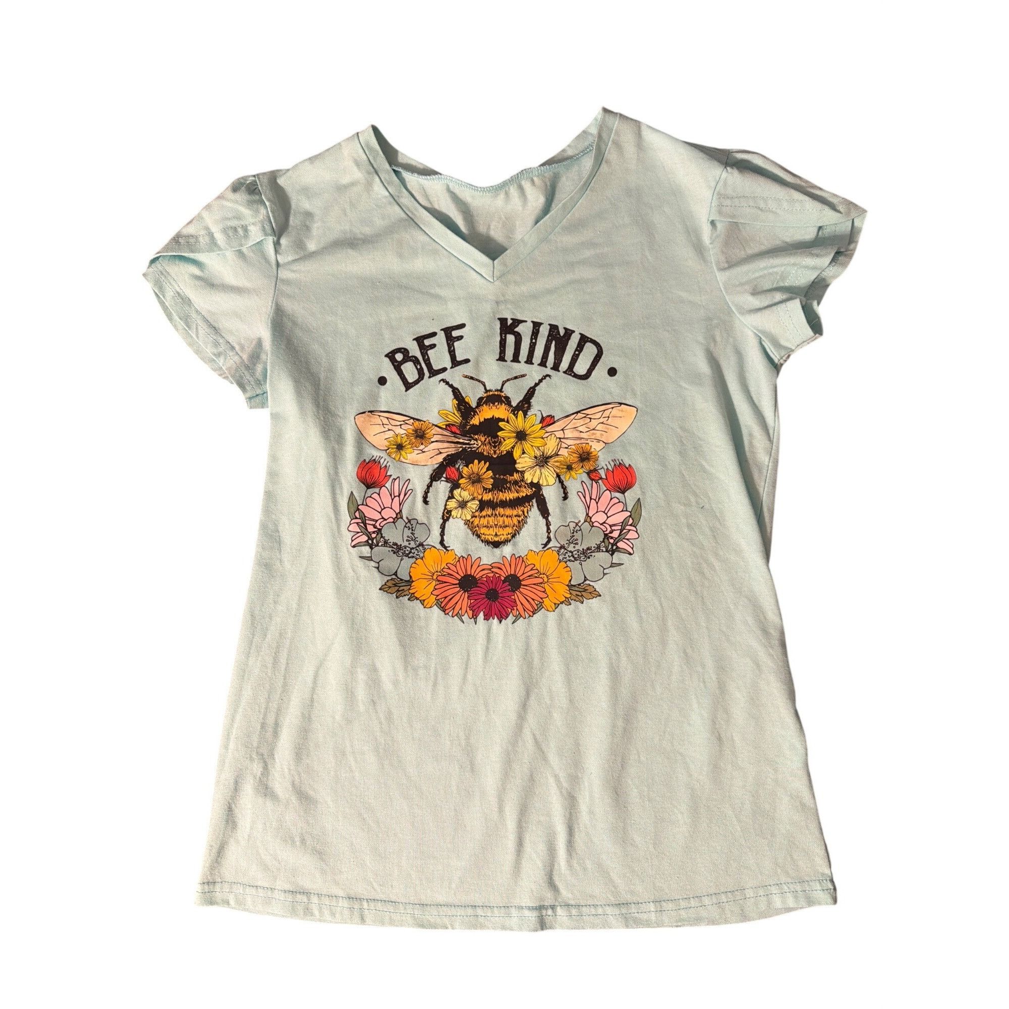 Other Bee Kind V Neck T Shirt Light Green Blue Floral Flower Graph Size S / US 4 / IT 40 - 1 Thumbnail