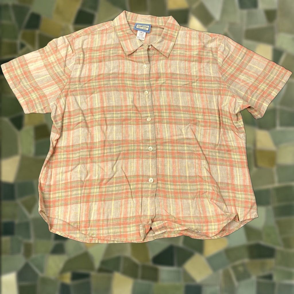 Pendleton VINTAGE Pendleton Shirt Mens Large Peach Green Plaid Linen Short Sleeve Button Front Size US L / EU 52-54 / 3 - 1 Thumbnail