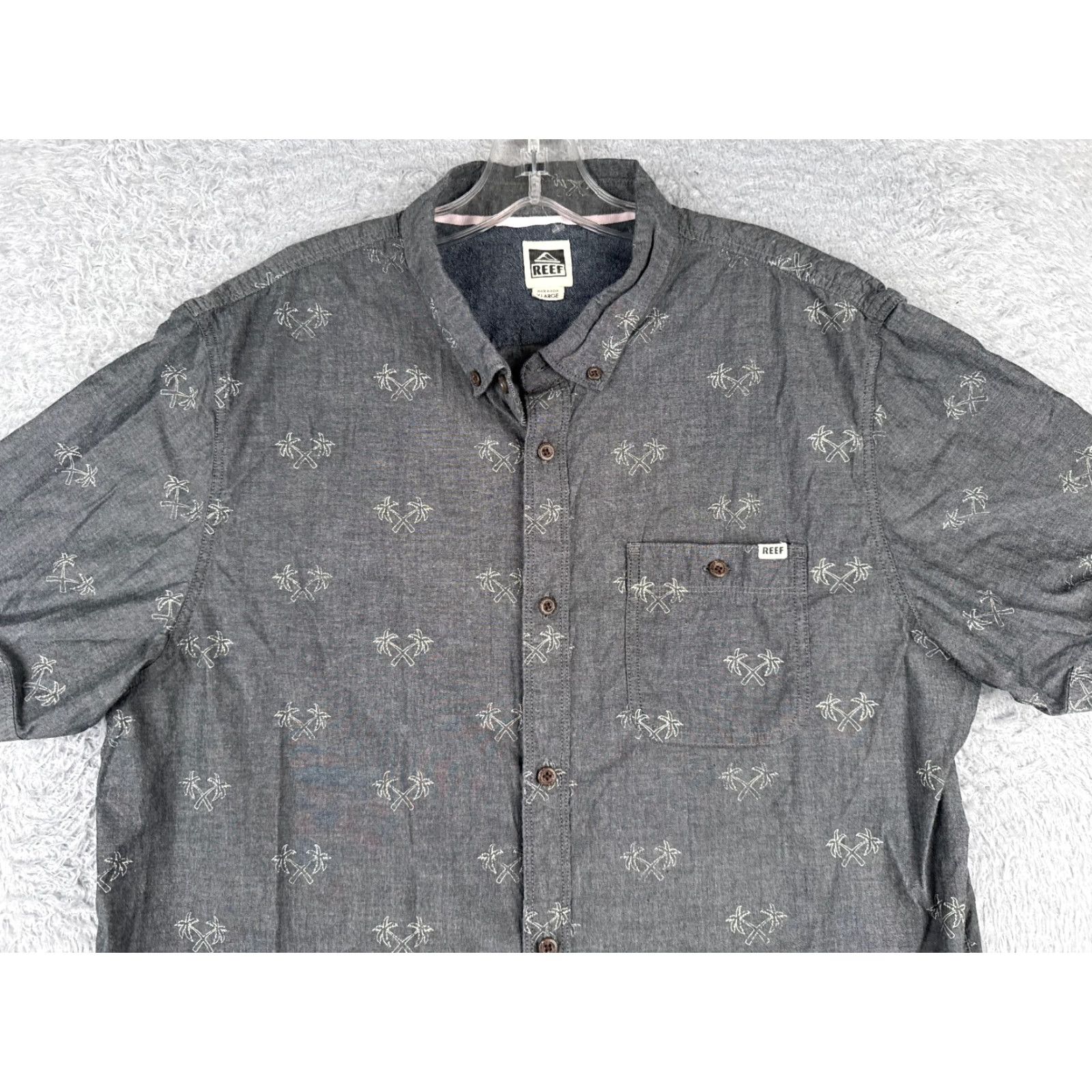 REEF Reef Button-Up Shirt Men XL Gray Palm Trees Hawaiian Aloha Beach Solid Short Sleeve Casual, Travel, Workwear Mens Size US XL / EU 56 / 4 - 4 Thumbnail