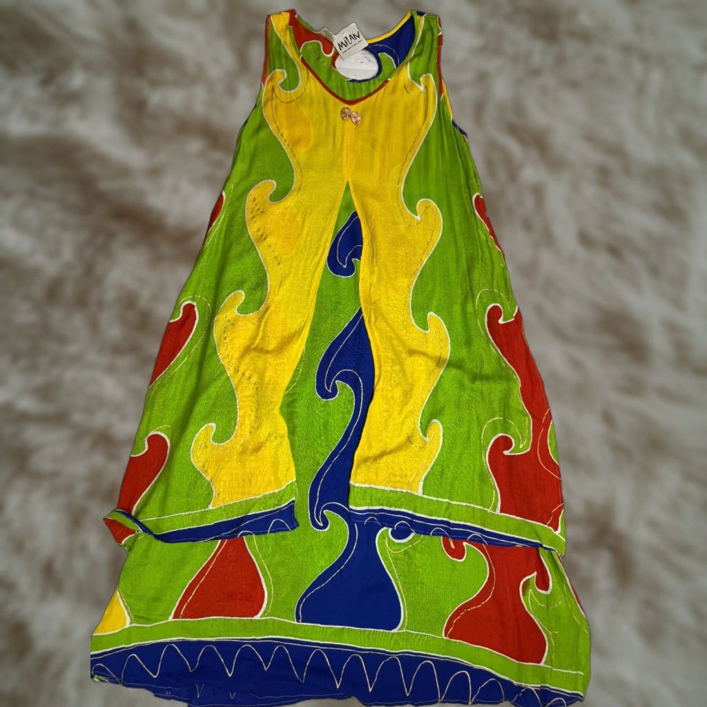 Vintage Milan Dress Sundress Shift Layered Long NWT Yellow Green Tribal Rayon Sz M Womens) Size M / US 6-8 / IT 42-44 - 1 Thumbnail