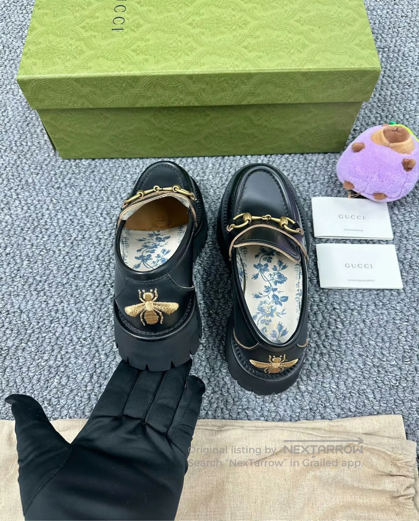 Gucci Guicci Black Horsebit Bee Embroidered Thick Sole Loafers| Size US 5 / IT 35 - 3 Thumbnail