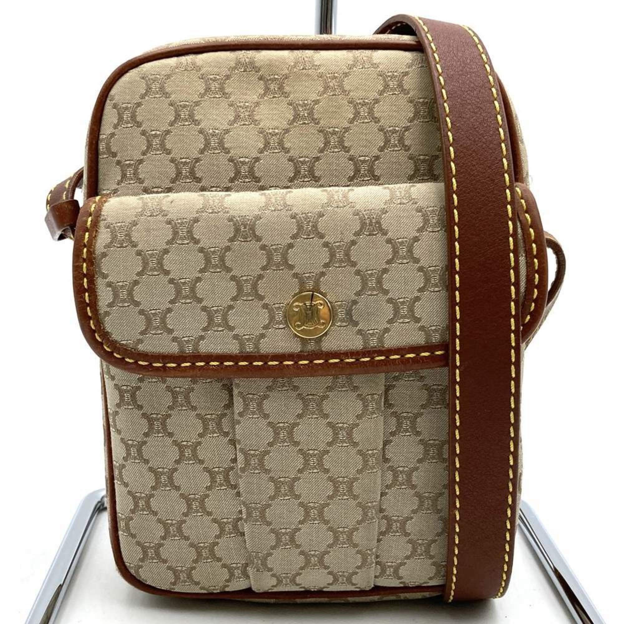 Celine Shoulder Bag Mini Macadam Beige Canvas Leather Women's