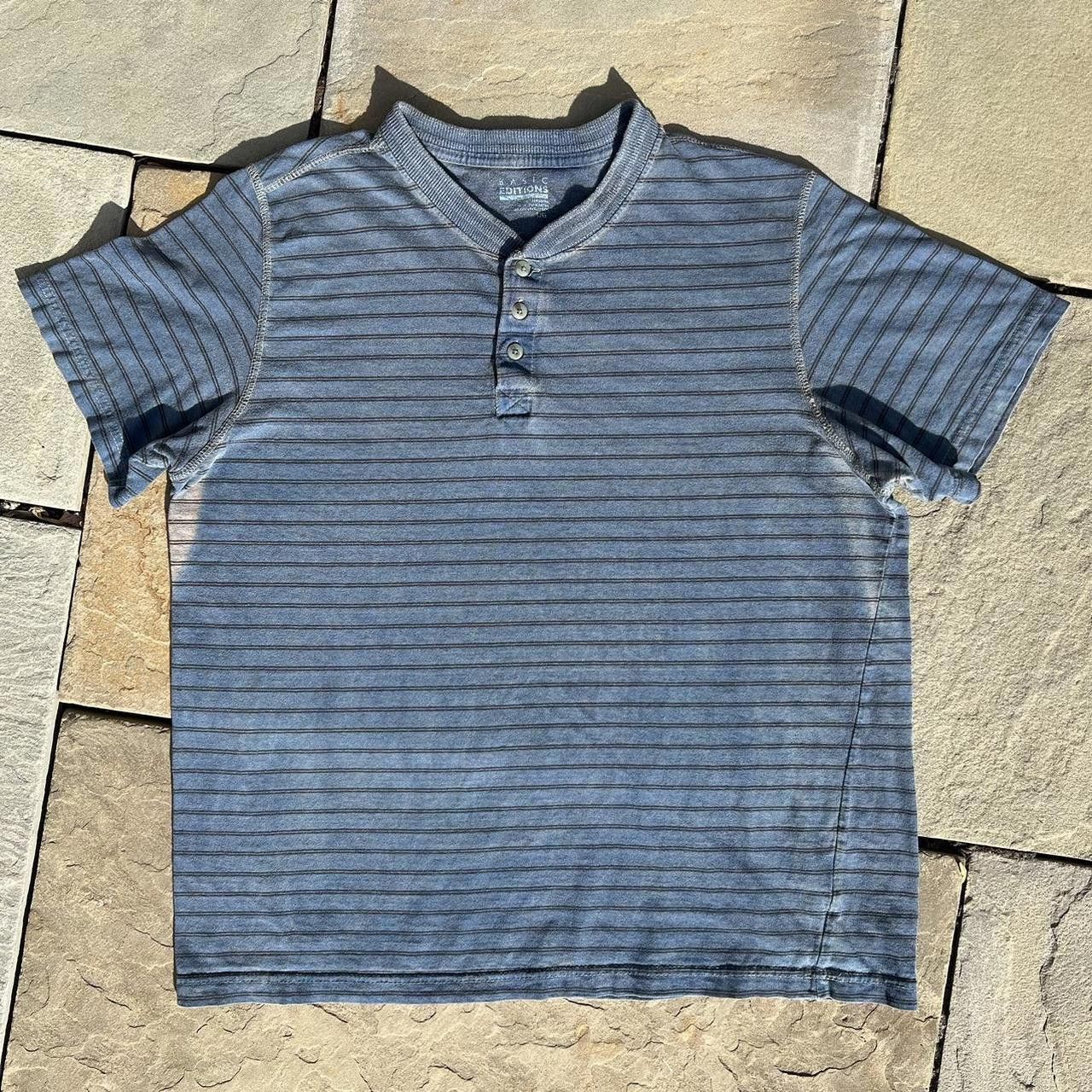 Basic Editions Y2K Blue Tan Overdyed Reworked Striped Henley Size US L / EU 52-54 / 3 - 1 Thumbnail